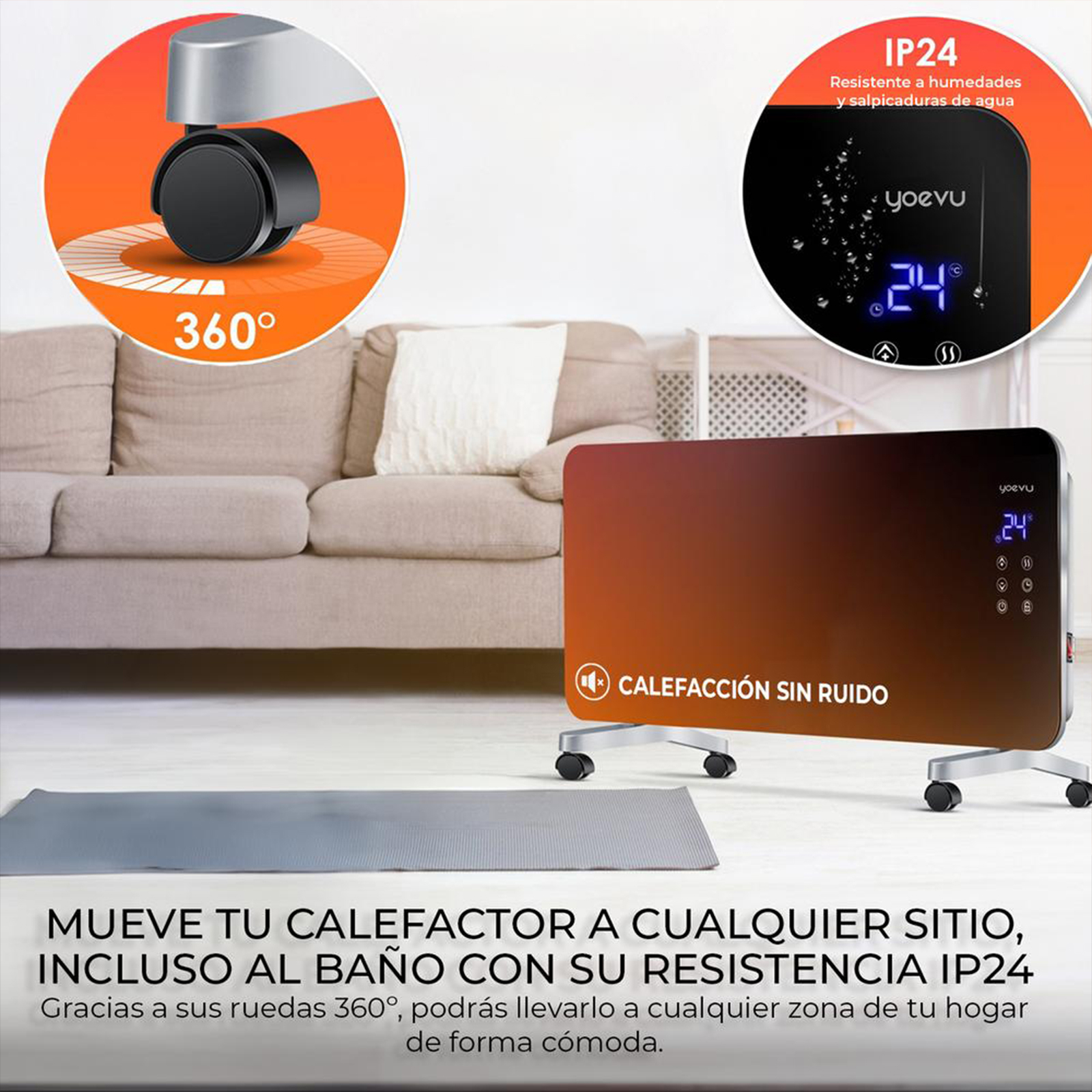 Un calefactor portátil con ruedas, texto en español y vista del panel de control.