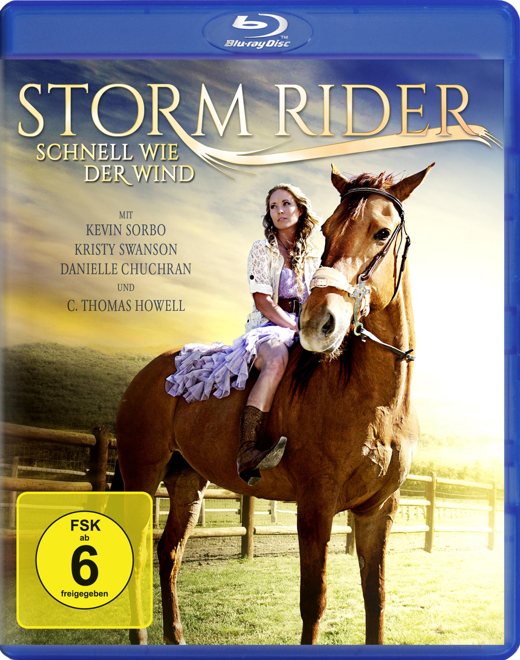 Blu-ray Disc Cover für den Film Storm Rider, mit einer Frau auf einem Pferd. Blauer Hintergrund.