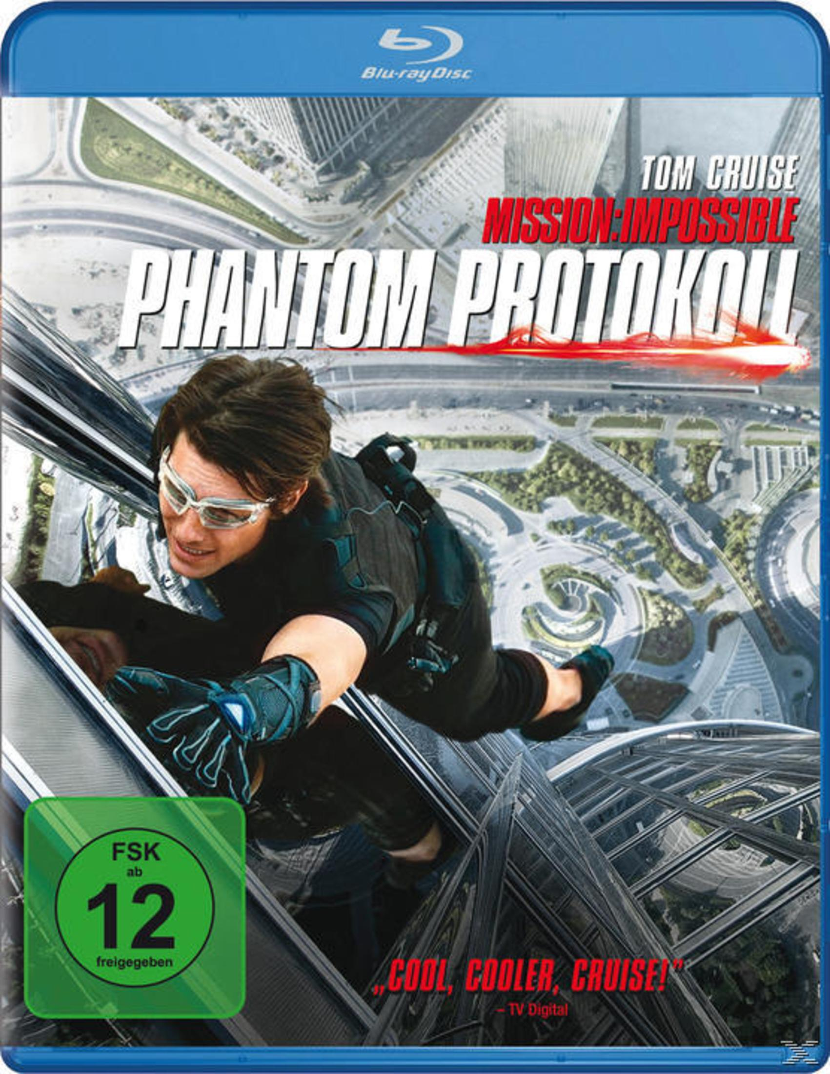 Blu-ray-Disc-Cover mit Tom Cruise in einer Filmszene. Titel lautet 'Mission Impossible: Phantom Protokoll'.