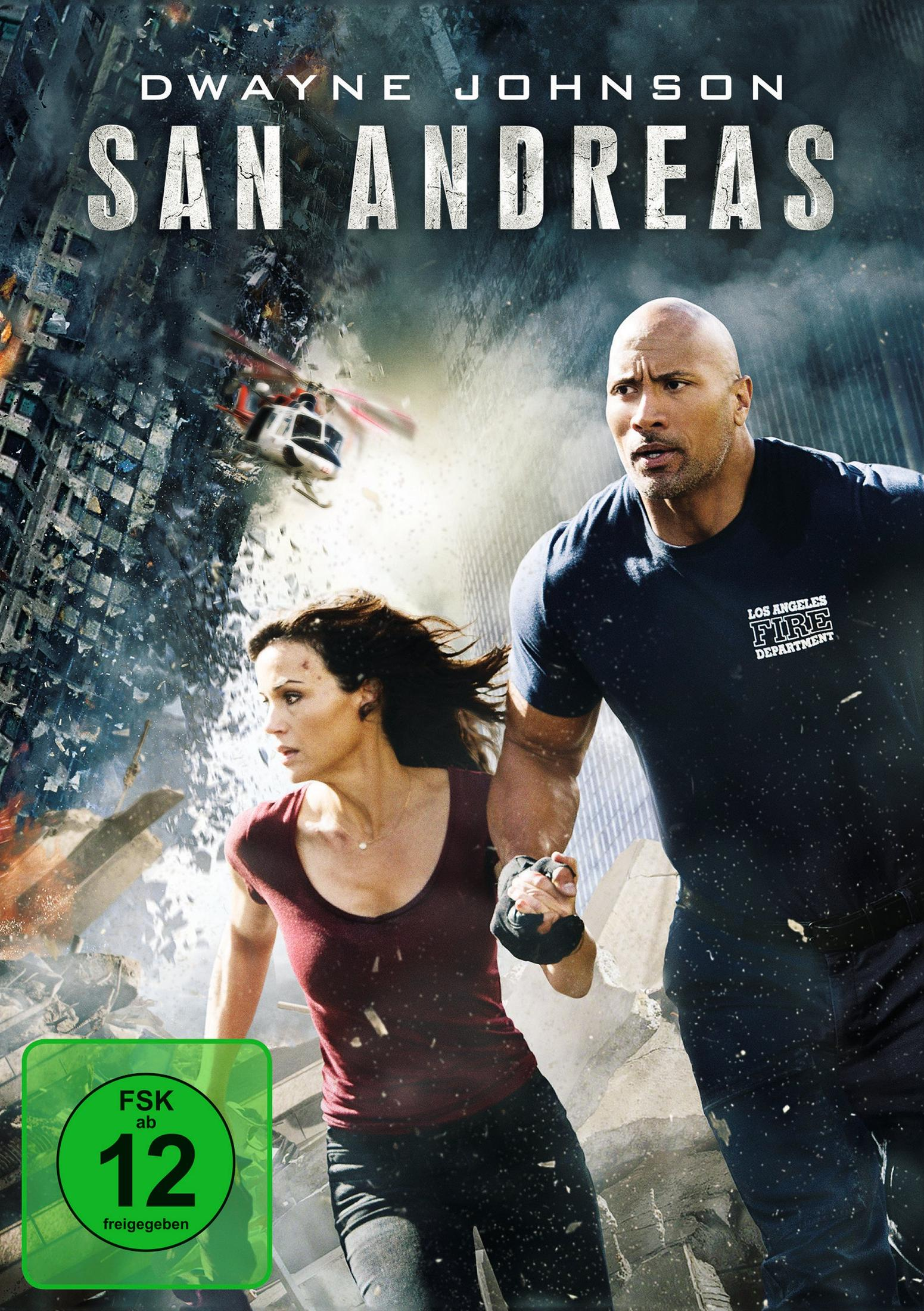 Filmposter von San Andreas mit Dwayne Johnson und Carla Gugino, die rennen.