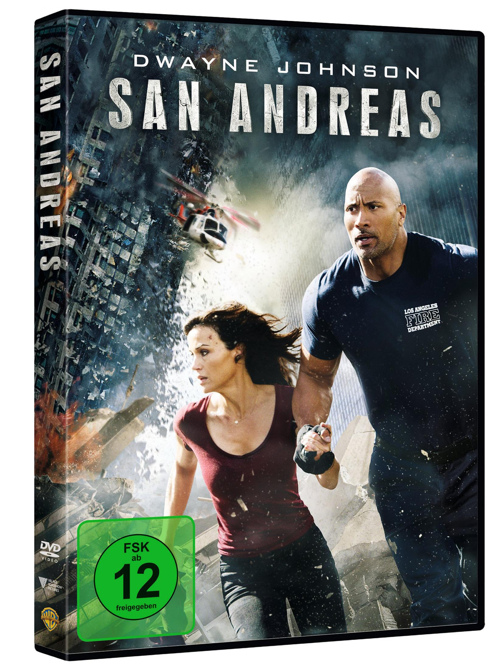 DVD-Cover des Films San Andreas. Dwayne Johnson und eine Frau rennen vor einem einstürzenden Gebäude davon.
