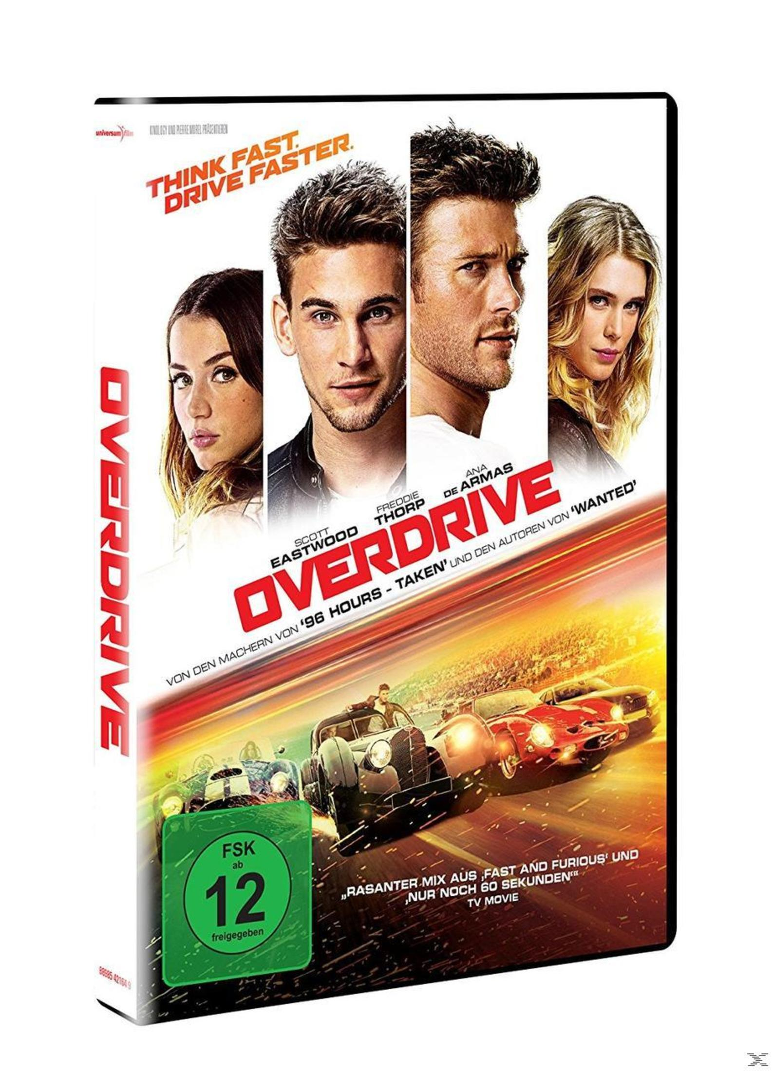 DVD-Hülle des Films Overdrive mit vier Schauspielern oben und klassischen Rennautos unten auf gelb-rotem Grund.