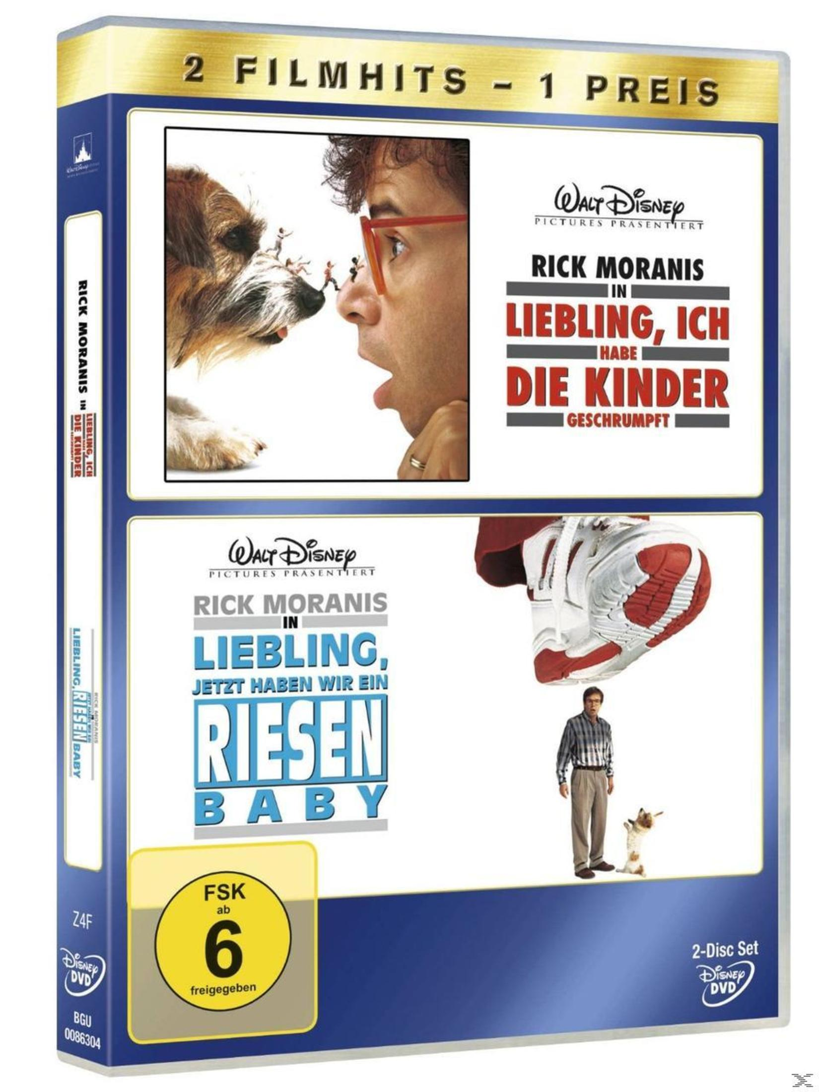DVD-Cover mit Rick Moranis für die Filme Liebling, ich habe die Kinder geschrumpft und Liebling, jetzt haben wir ein Riesenbaby.