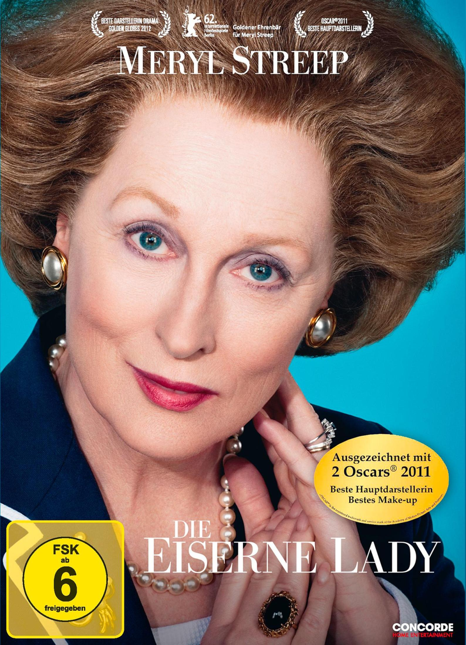 Filmcover von 'Die Eiserne Lady' mit Meryl Streep, zeigt ihr Porträt und den Filmtitel.