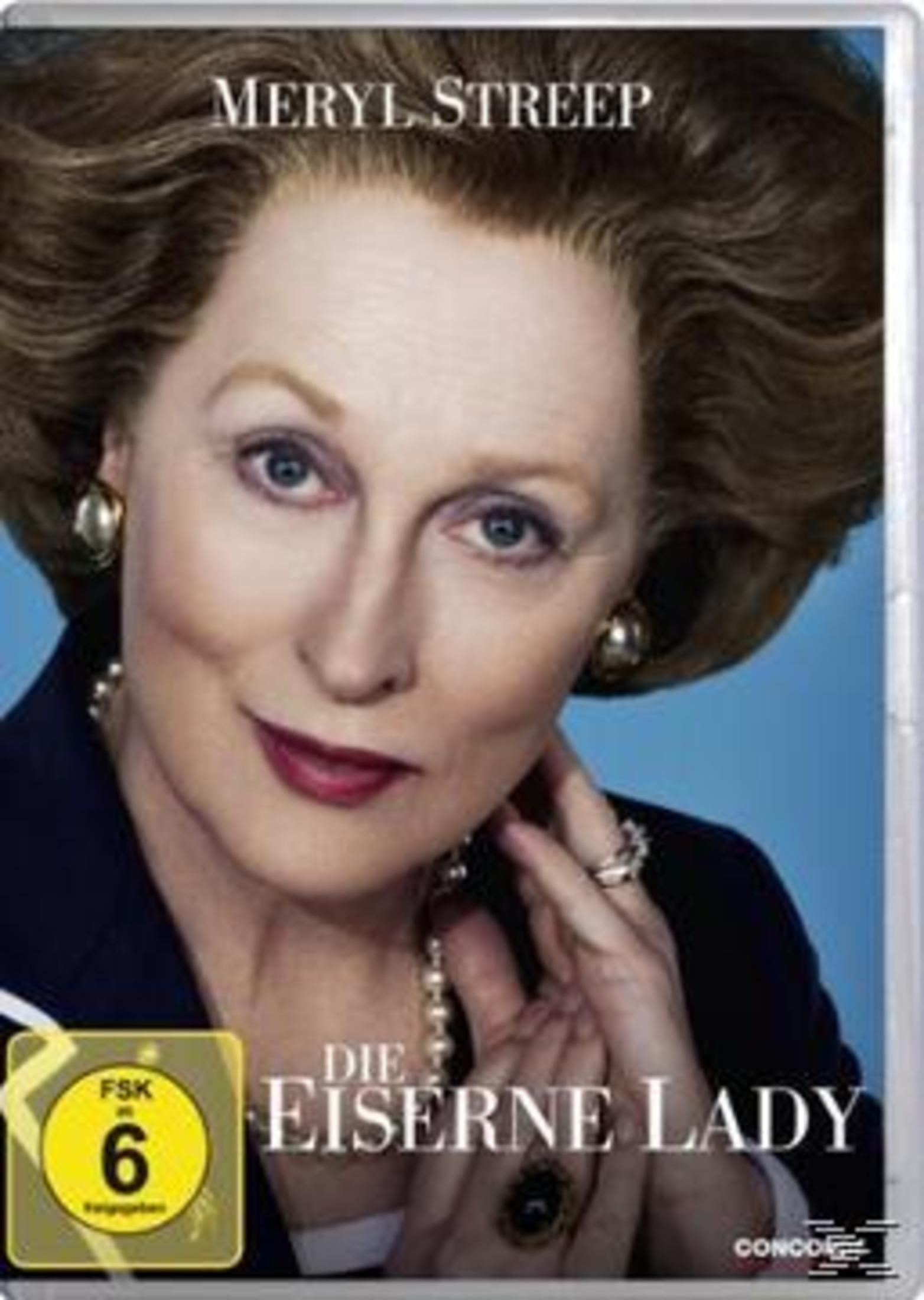 DVD-Cover mit dem Porträt von Meryl Streep. Der Titel lautet 'Die Eiserne Lady'.
