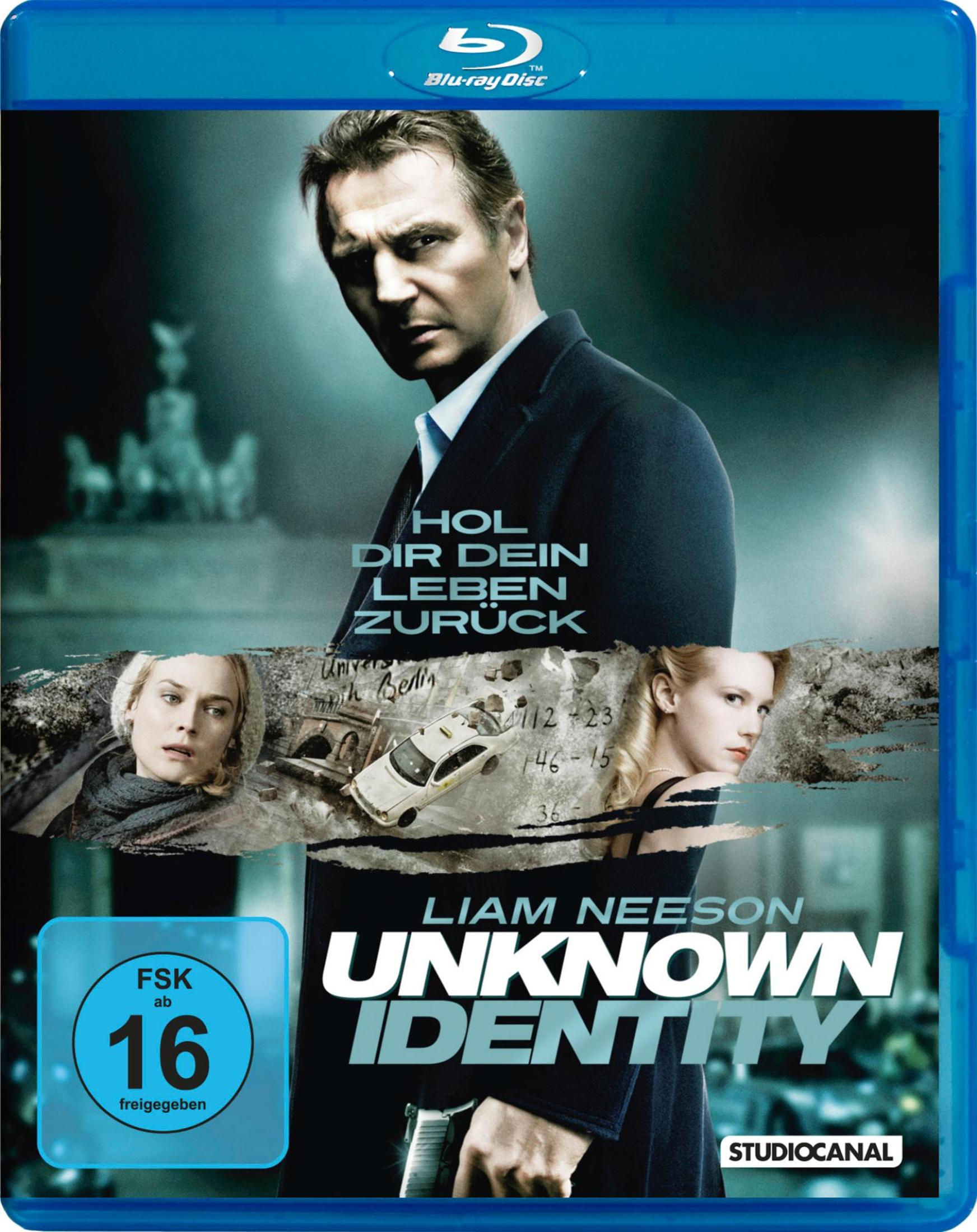 Blu-ray-Disc-Cover des Films 'Unknown Identity' mit Liam Neeson und anderen Schauspielern.
