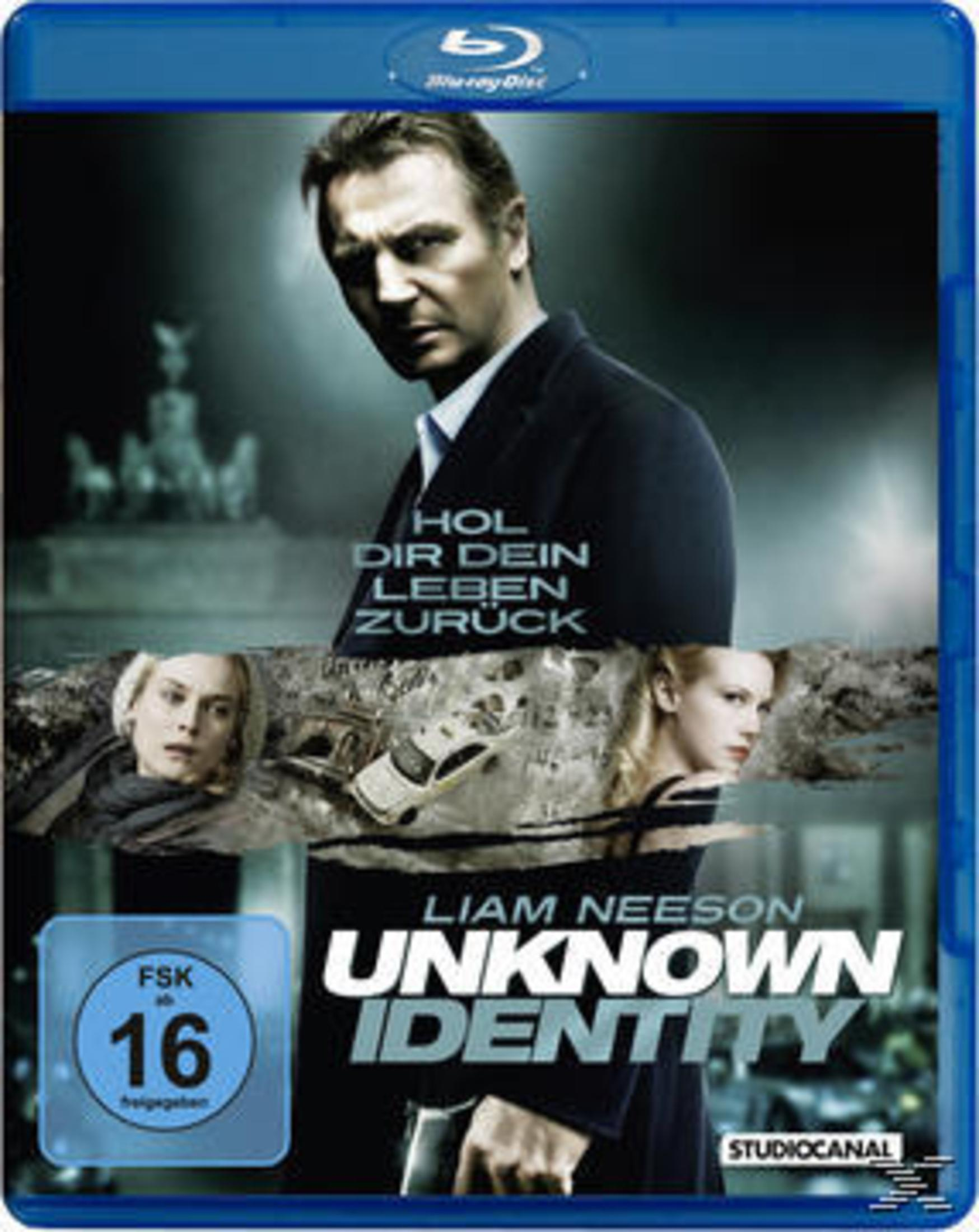 DVD-Cover des Films 'Unknown Identity'. Liam Neeson steht vor blauem Hintergrund.