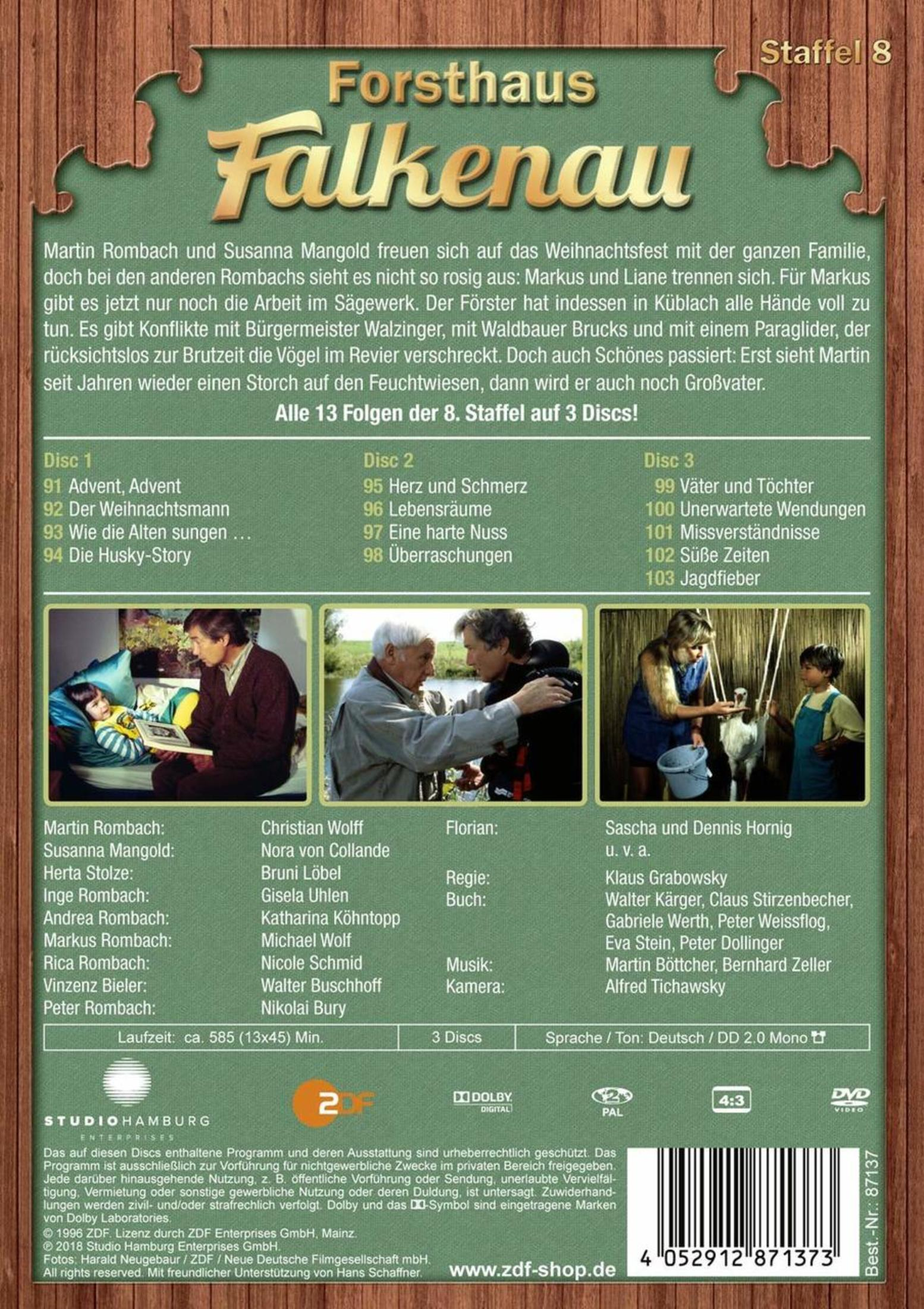 DVD-Cover. Titel: Forsthaus Falkenau, Staffel 8. Zeigt Bilder der Darsteller und Episodentitel. Text auf Deutsch.