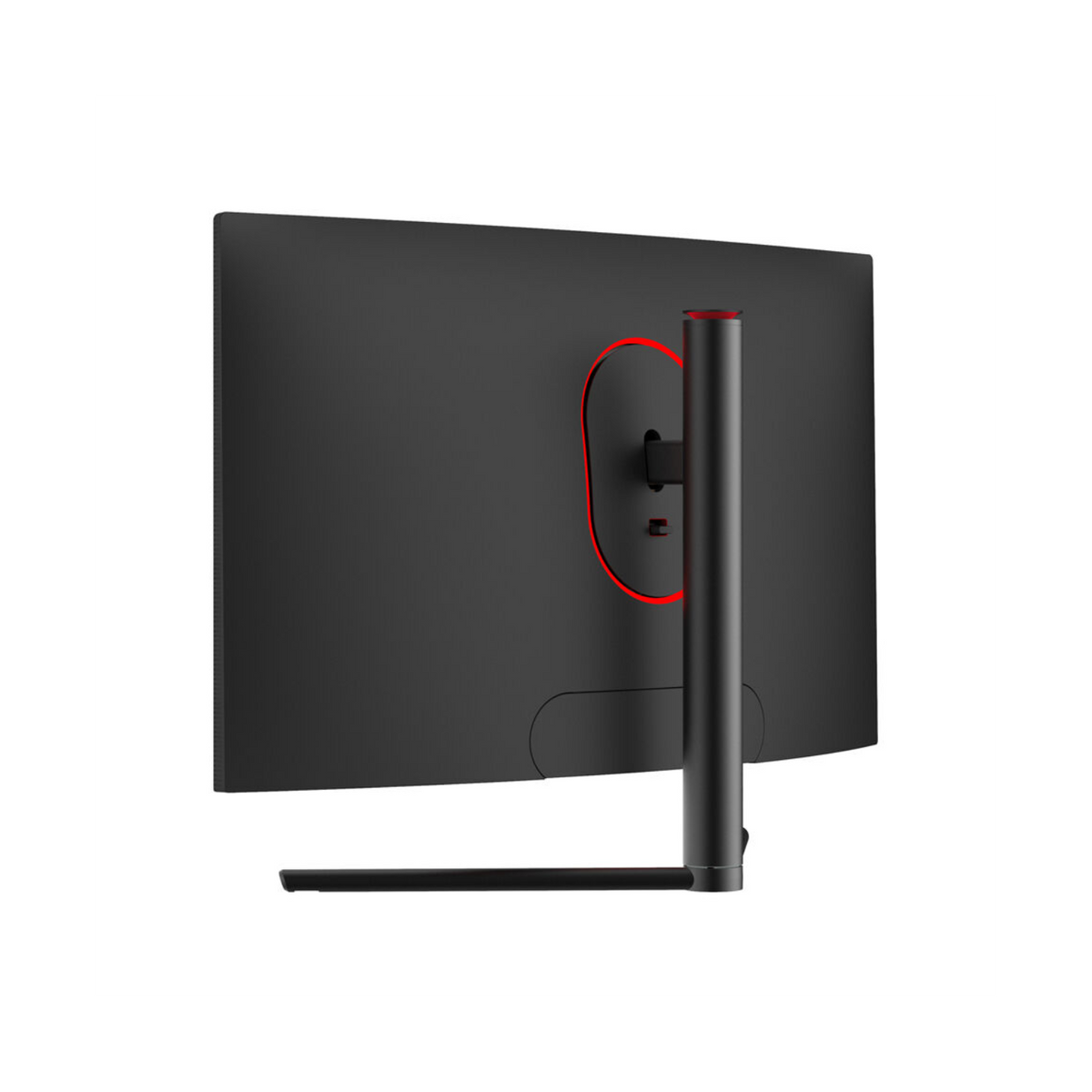 Tył czarnego monitora komputera z czerwonymi akcentami na stojaku i mocowaniu.