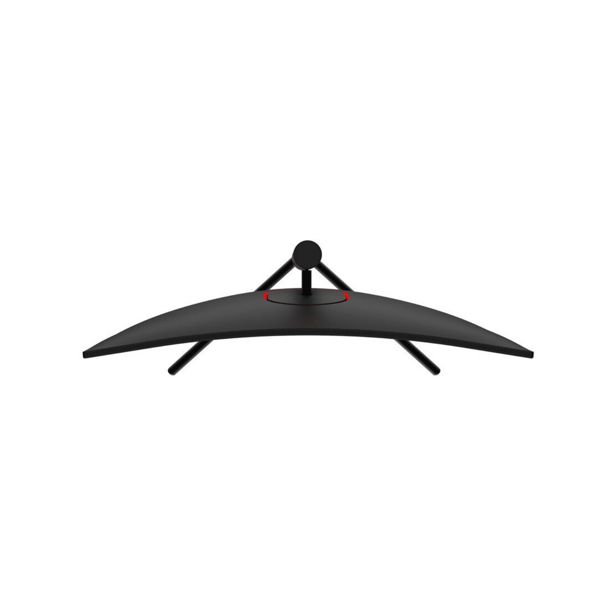 Czarny monitor komputerowy, zakrzywiony ekran, z czerwonym okręgiem pod podstawą.