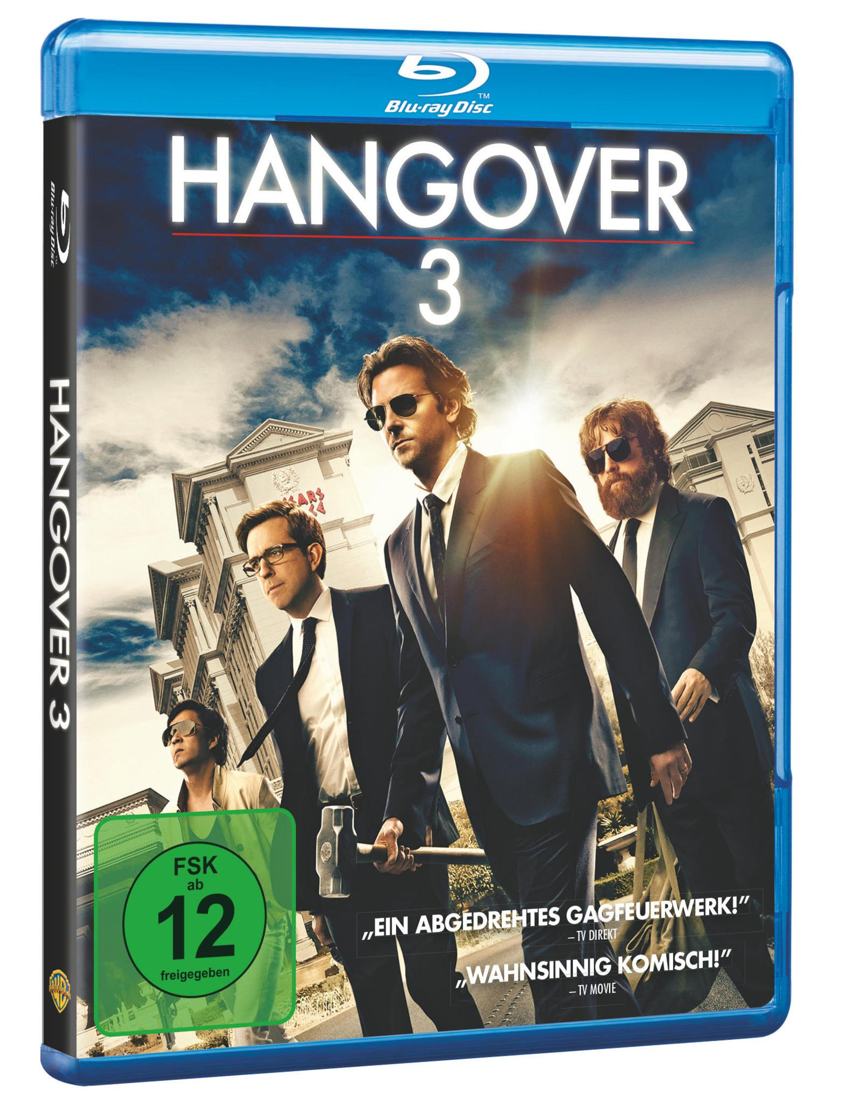 DVD-Hülle für Hangover 3, mit Schauspielern, einem Gebäude und dem Filmtitel.
