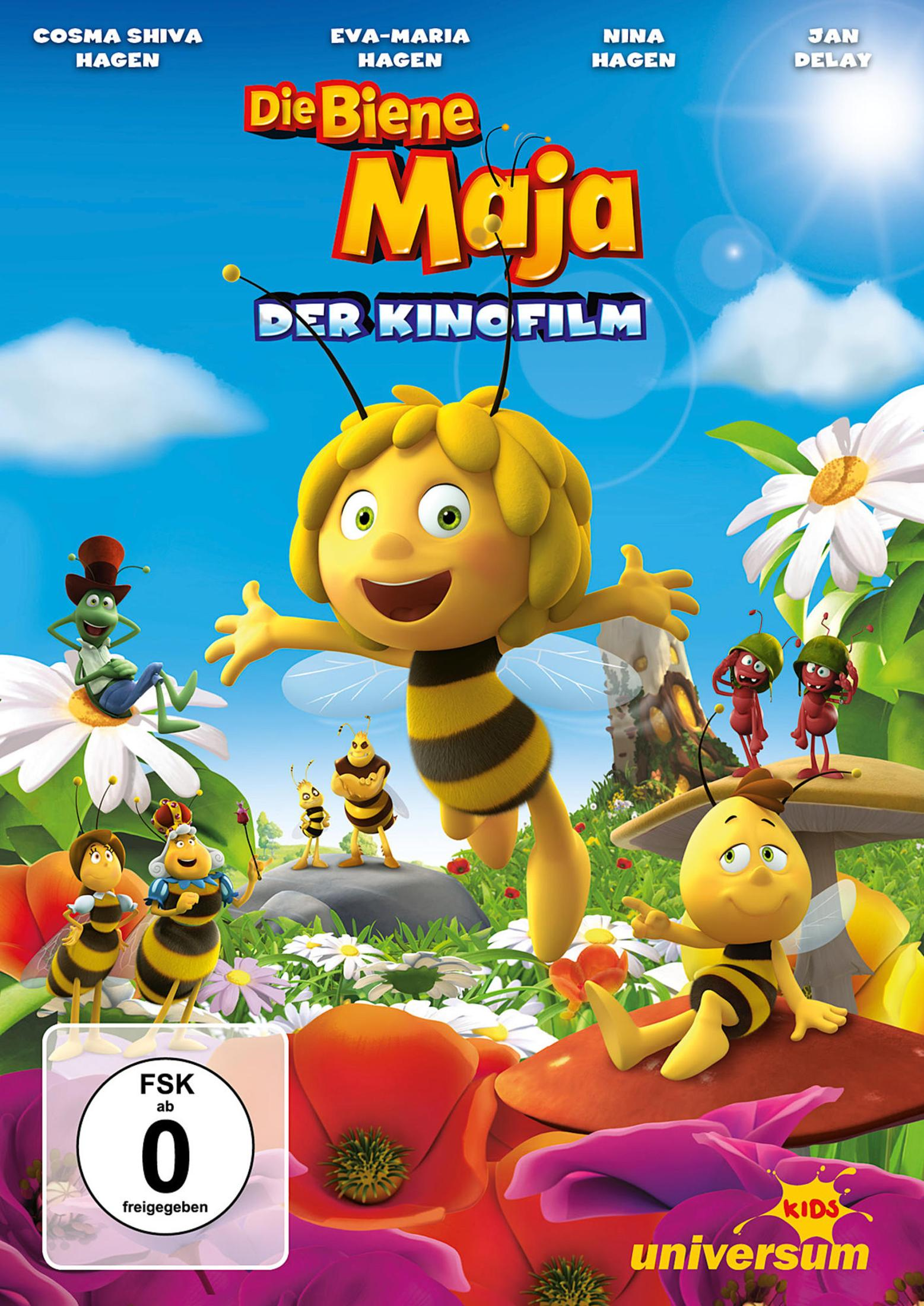 Filmcover von Die Biene Maja, Cartoon mit Biene vor anderen Bienen.