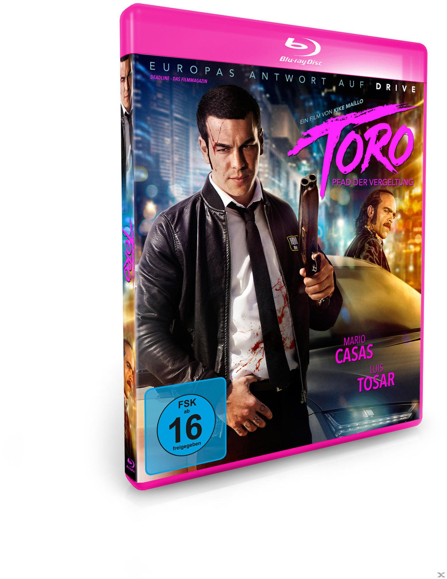 Toro Blu-ray-Cover. Ein Mann mit einer Waffe steht auf dem Cover. Rosa Rahmen.