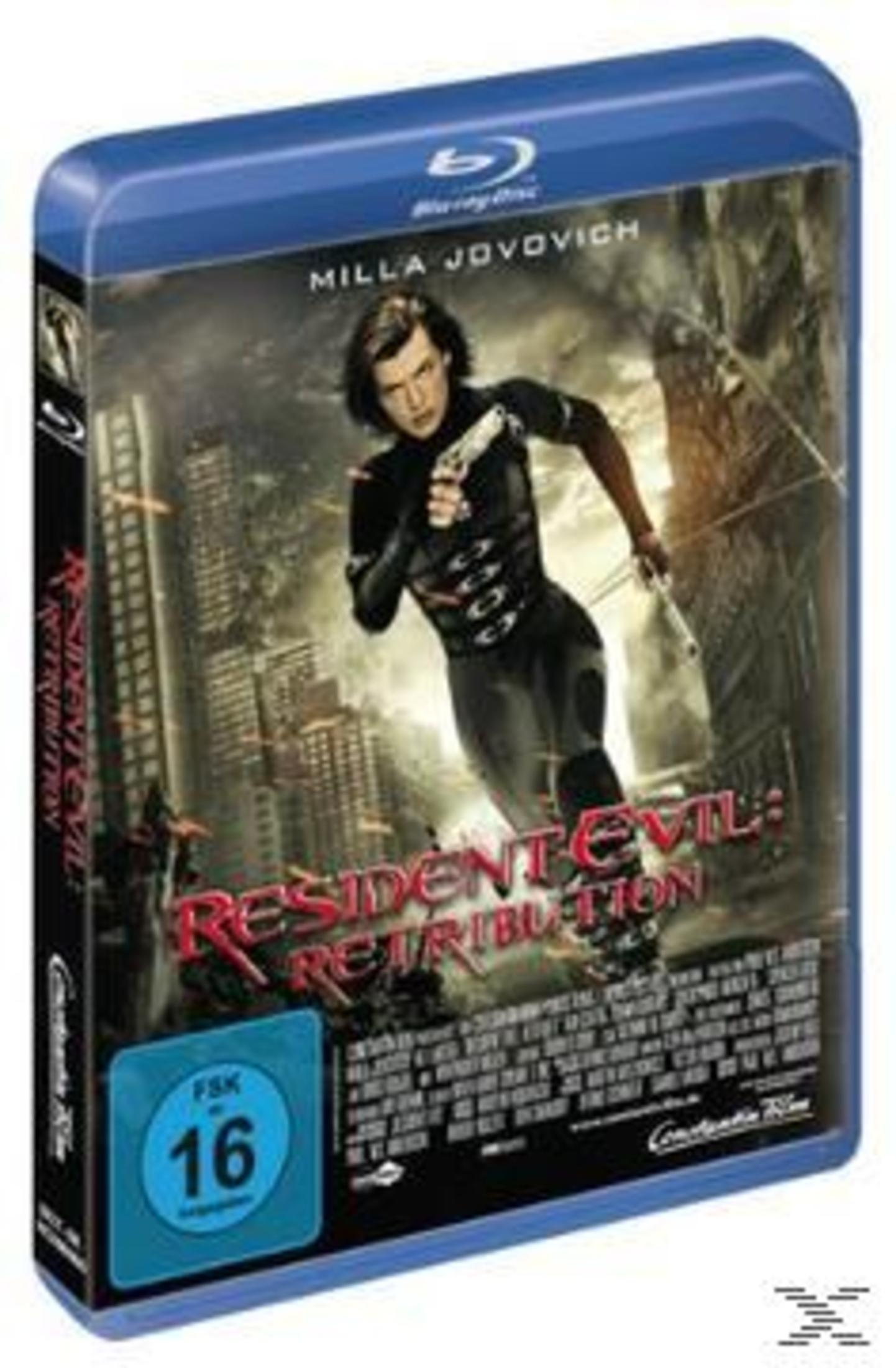 DVD-Cover: 'Resident Evil: Retribution' mit Milla Jovovich beim Rennen.