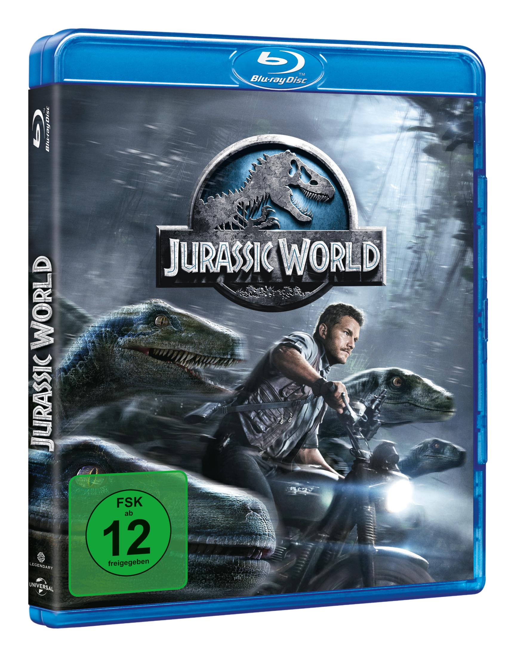 Jurassic World Blu-ray Disc Hülle mit Dinosauriern und einem Mann auf einem Motorrad.