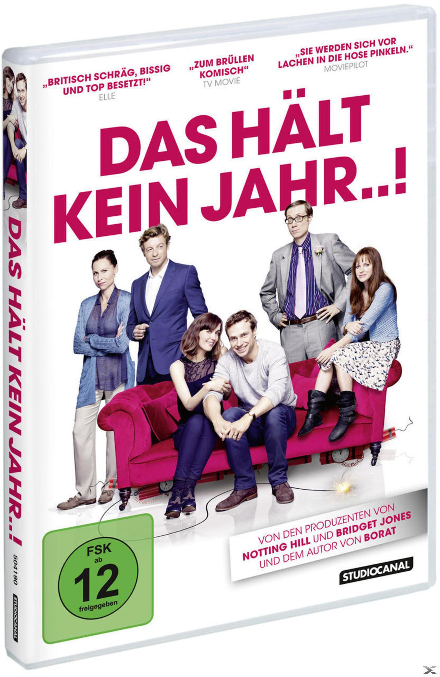 DVD-Cover von Das hält kein Jahr mit sechs Schauspielern um ein pinkes Sofa vor weißem Hintergrund.