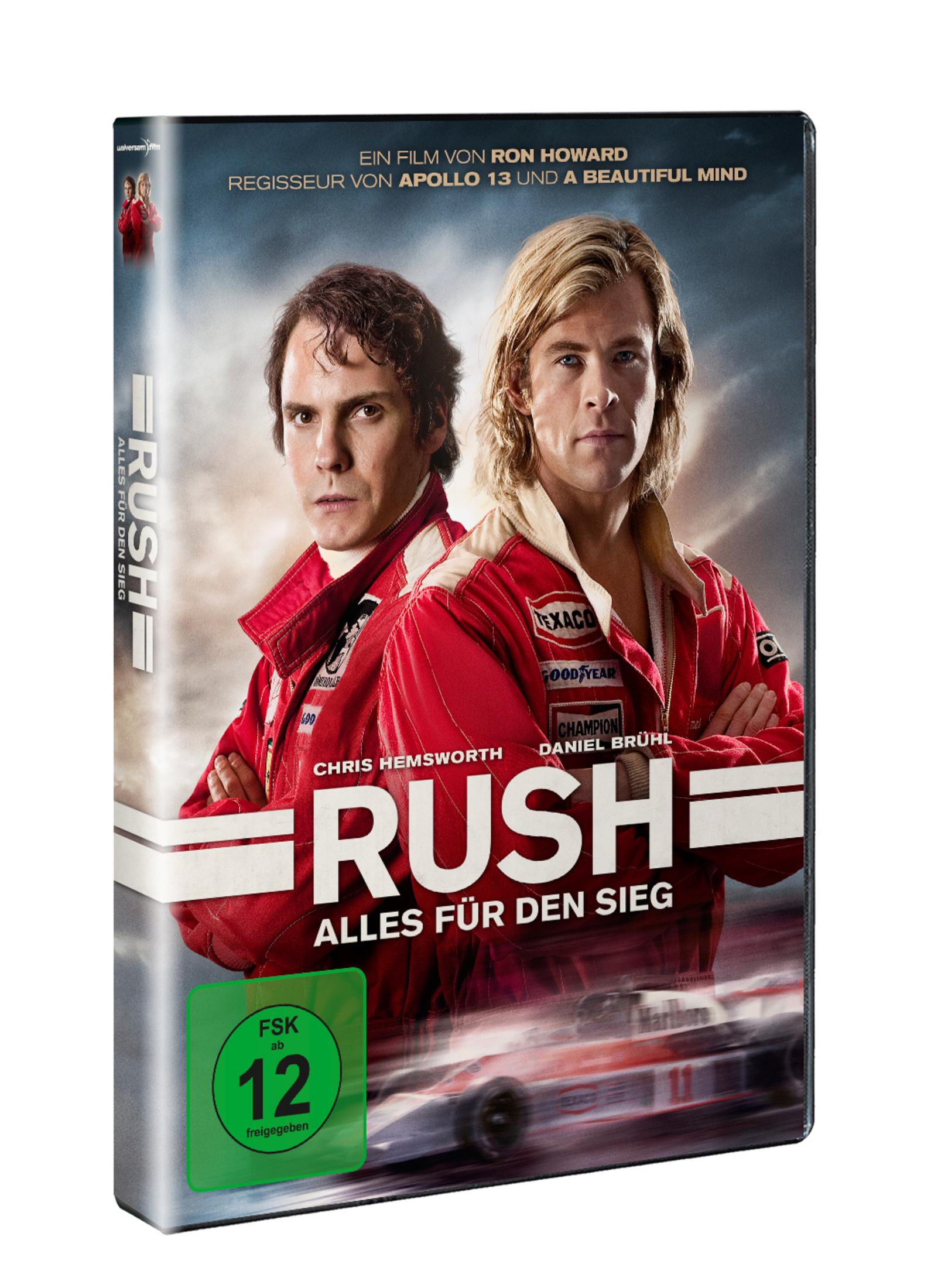 DVD-Hülle des Films Rush mit Daniel Brühl und Chris Hemsworth in Rennfahrerkleidung vor einem grauen Himmel.