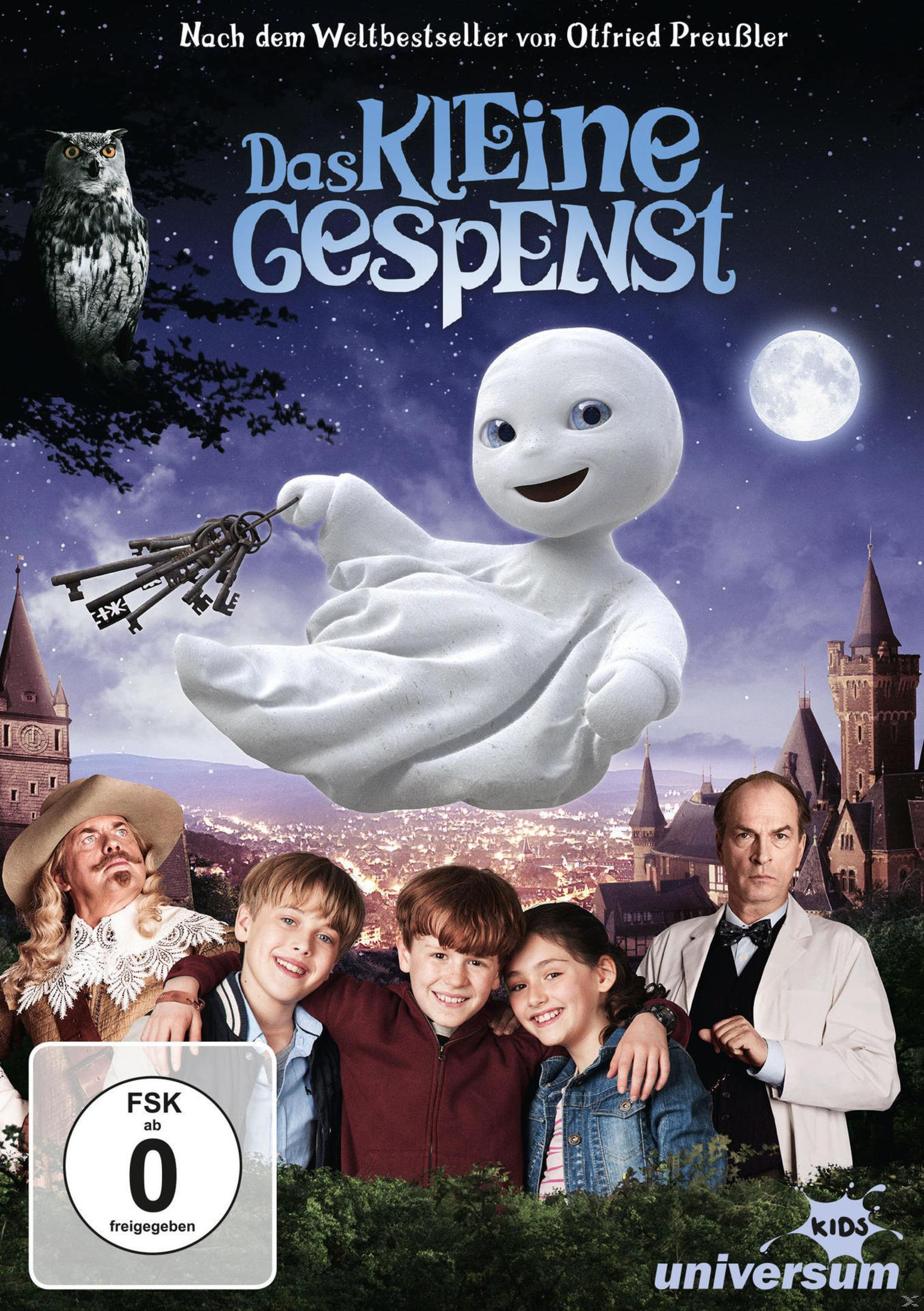 Filmcover: Ein Geist mit Schlüsseln, Kinder und Erwachsene vor einem Schloss, Nachthimmel.