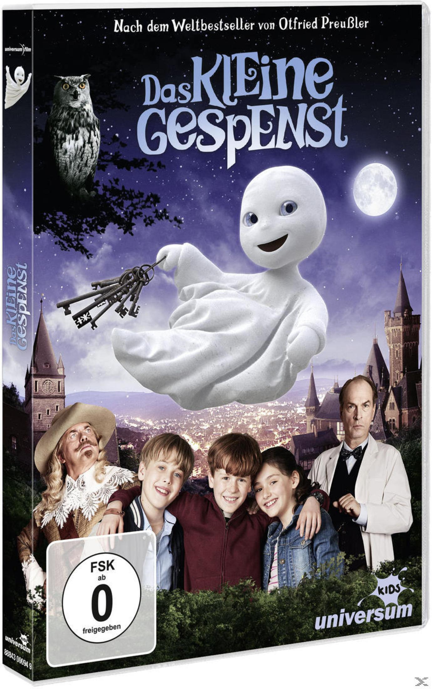 DVD-Cover: Ein Geist mit Schlüsseln, Kinder und Erwachsene vor Schloss, mondbeschienene Nacht.
