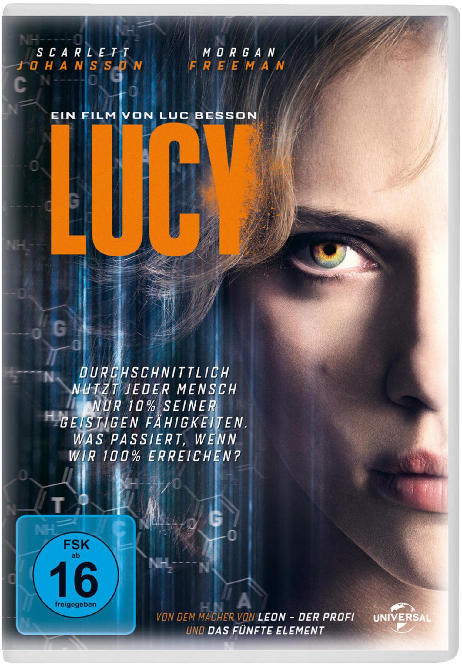 DVD-Cover des Films Lucy mit Scarlett Johansson vor blauem Hintergrund und orangefarbenem Titel.