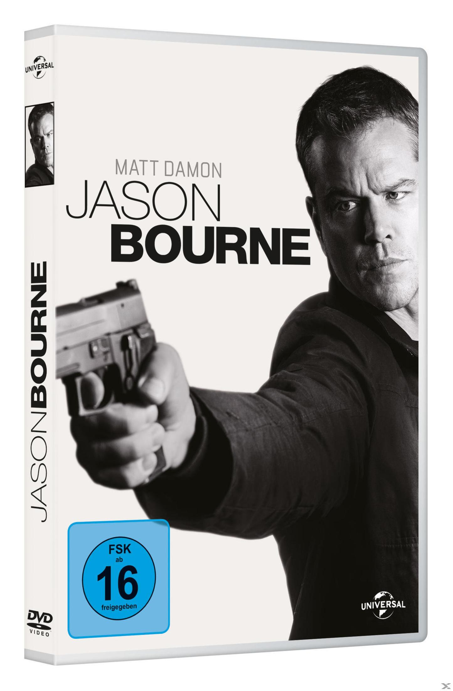 DVD-Hülle mit Matt Damon, der eine Waffe hält, in Schwarz-Weiß mit dem Titel Jason Bourne.
