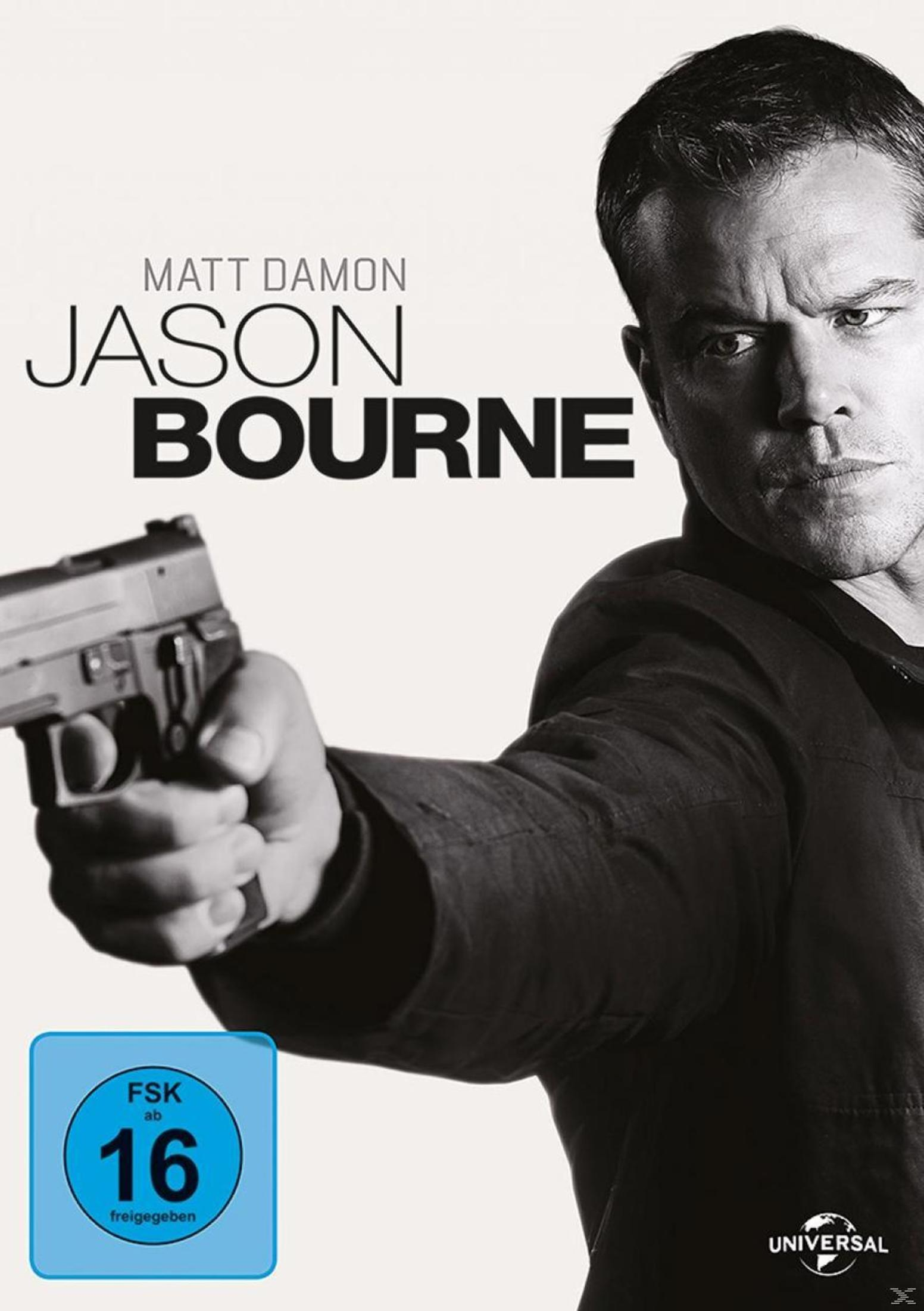 Matt Damon zielt in Jason Bourne mit einer Waffe. FSK-16-Logo unten links.