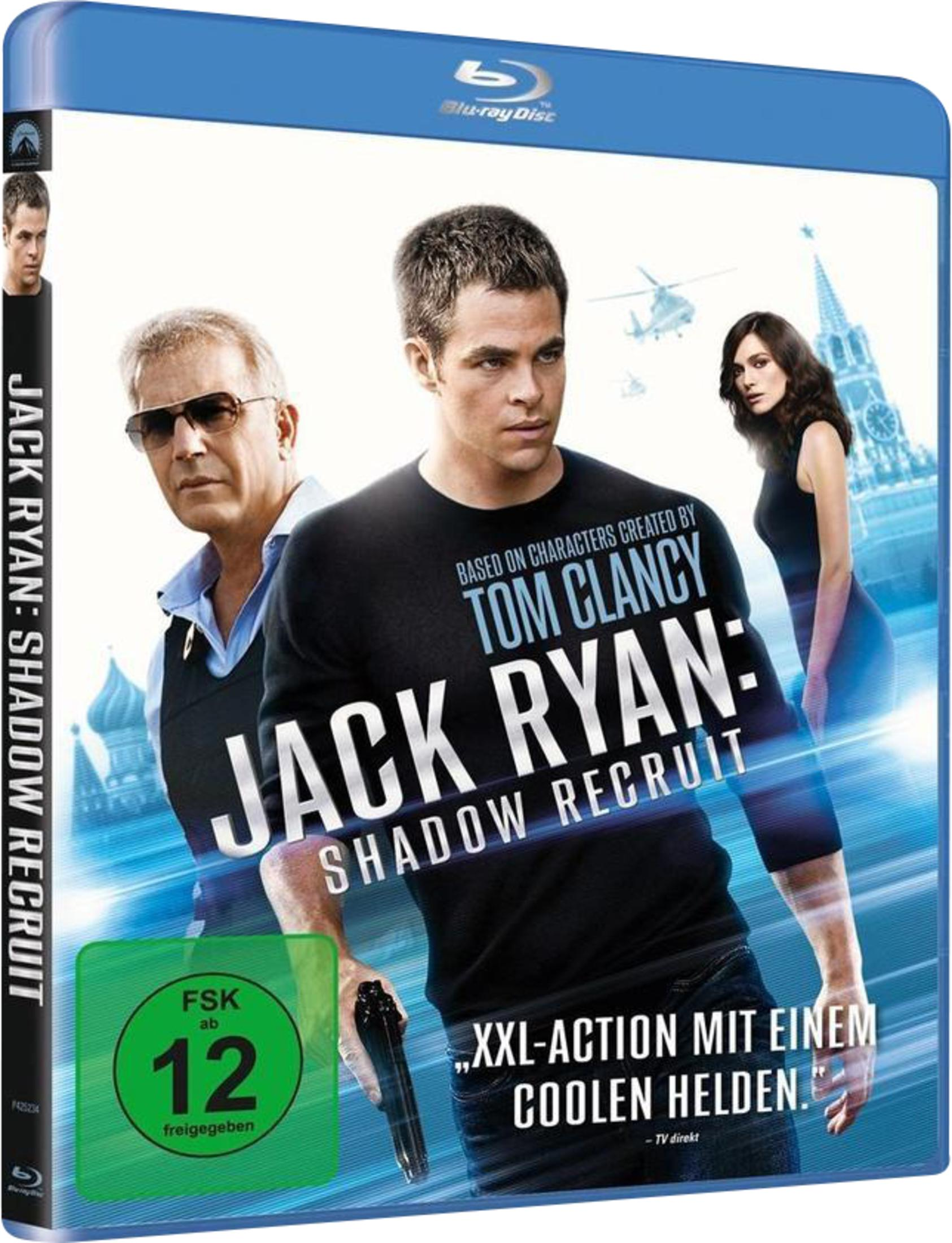 Blu-ray Disc von "Jack Ryan: Shadow Recruit" mit Chris Pine. Schauspieler und ein Gebäude hinten.