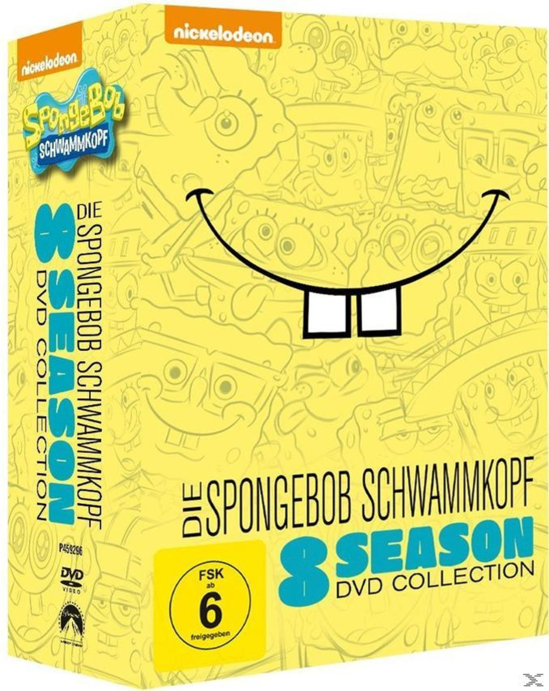 Gelbe DVD-Box von SpongeBob Schwammkopf Season 8 mit grinsendem Gesicht und FSK-6-Logo.
