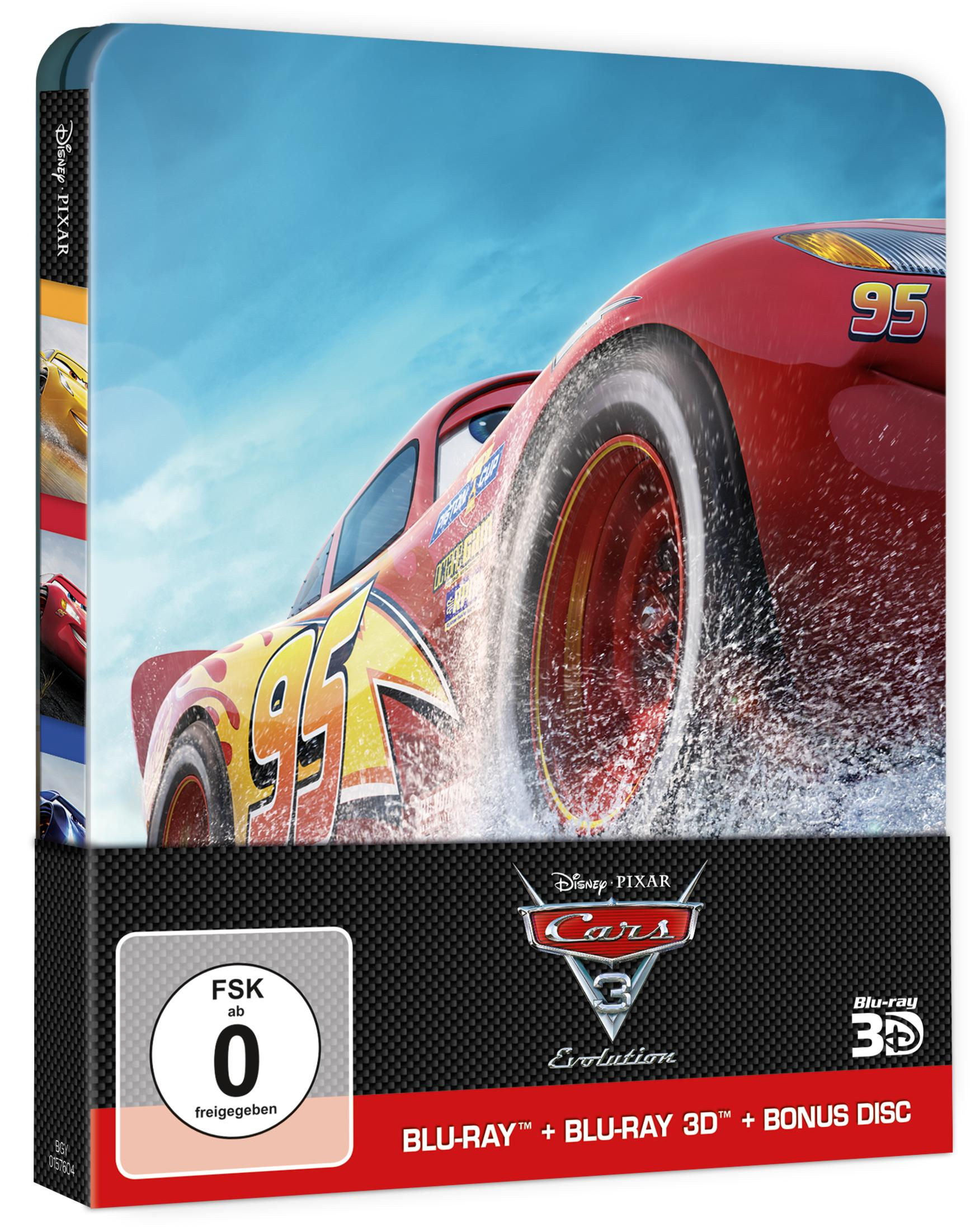 Cars 3 Filmcover mit einem roten Auto, das auf einer Rennstrecke fährt.