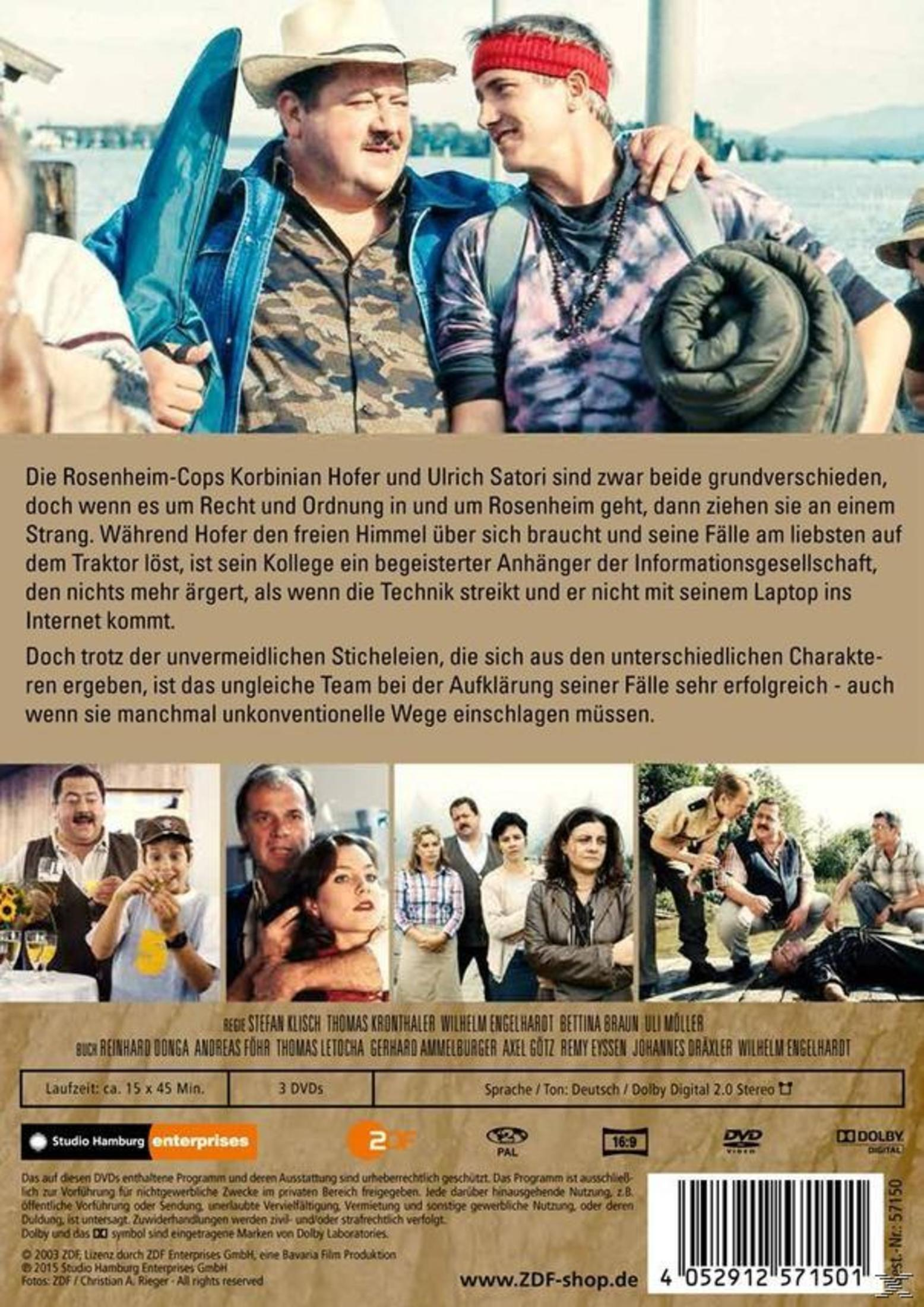 DVD-Cover der Rosenheim Cops mit zwei Männern oben und kleineren Fotos der Besetzung und Produktion unten.