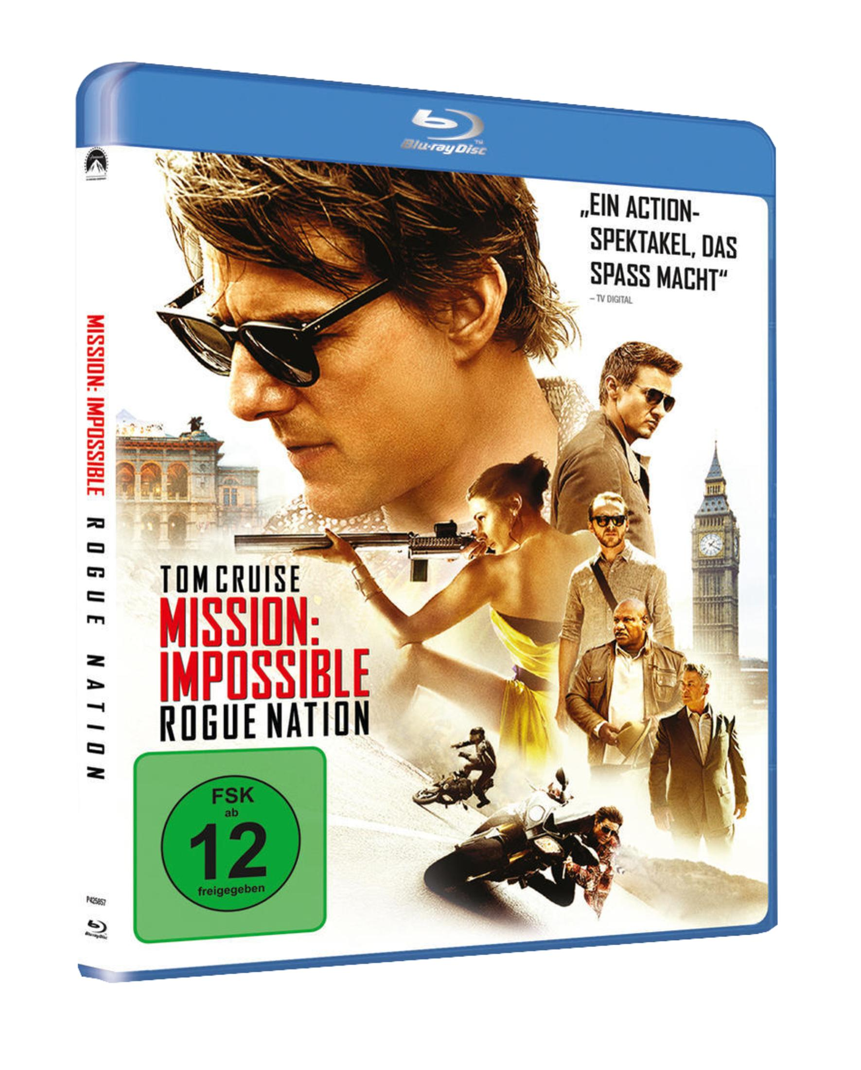 Filmcover: Tom Cruise mit Sonnenbrille. Titel: Mission: Impossible - Rogue Nation. Andere Schauspieler und London.