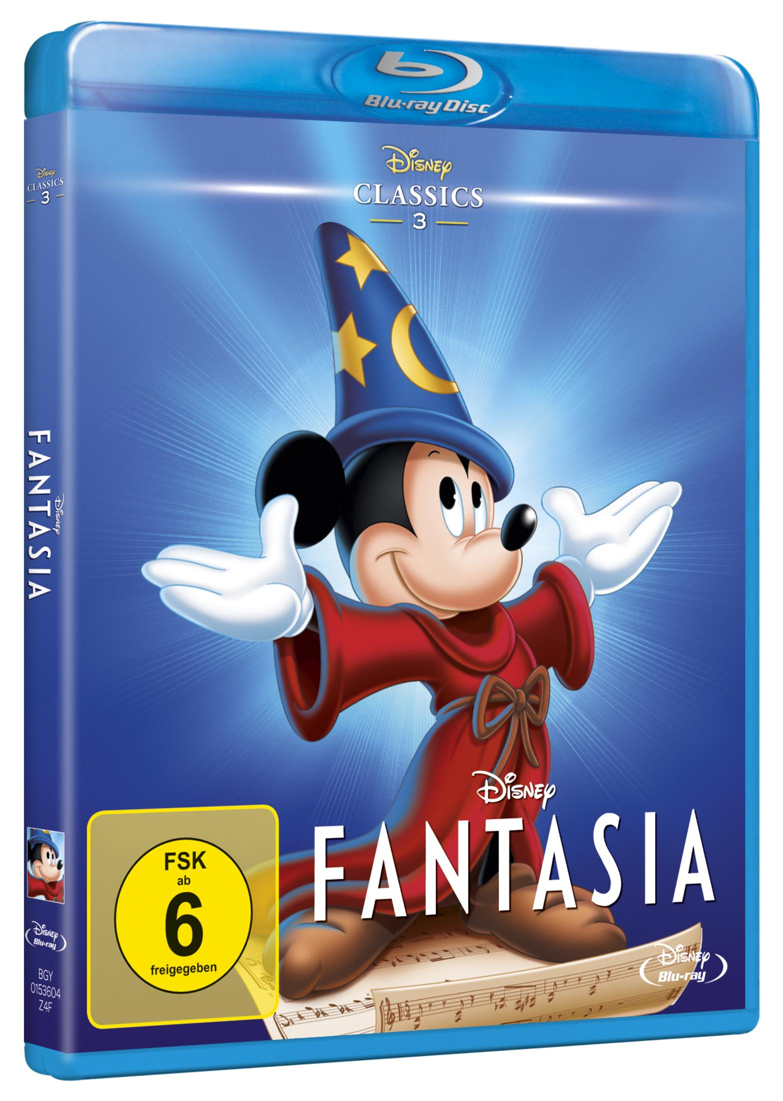 Disney Fantasia Blu-ray-Hülle mit Micky Maus in roter Robe und blauem Zaubererhut vor blauem Hintergrund.