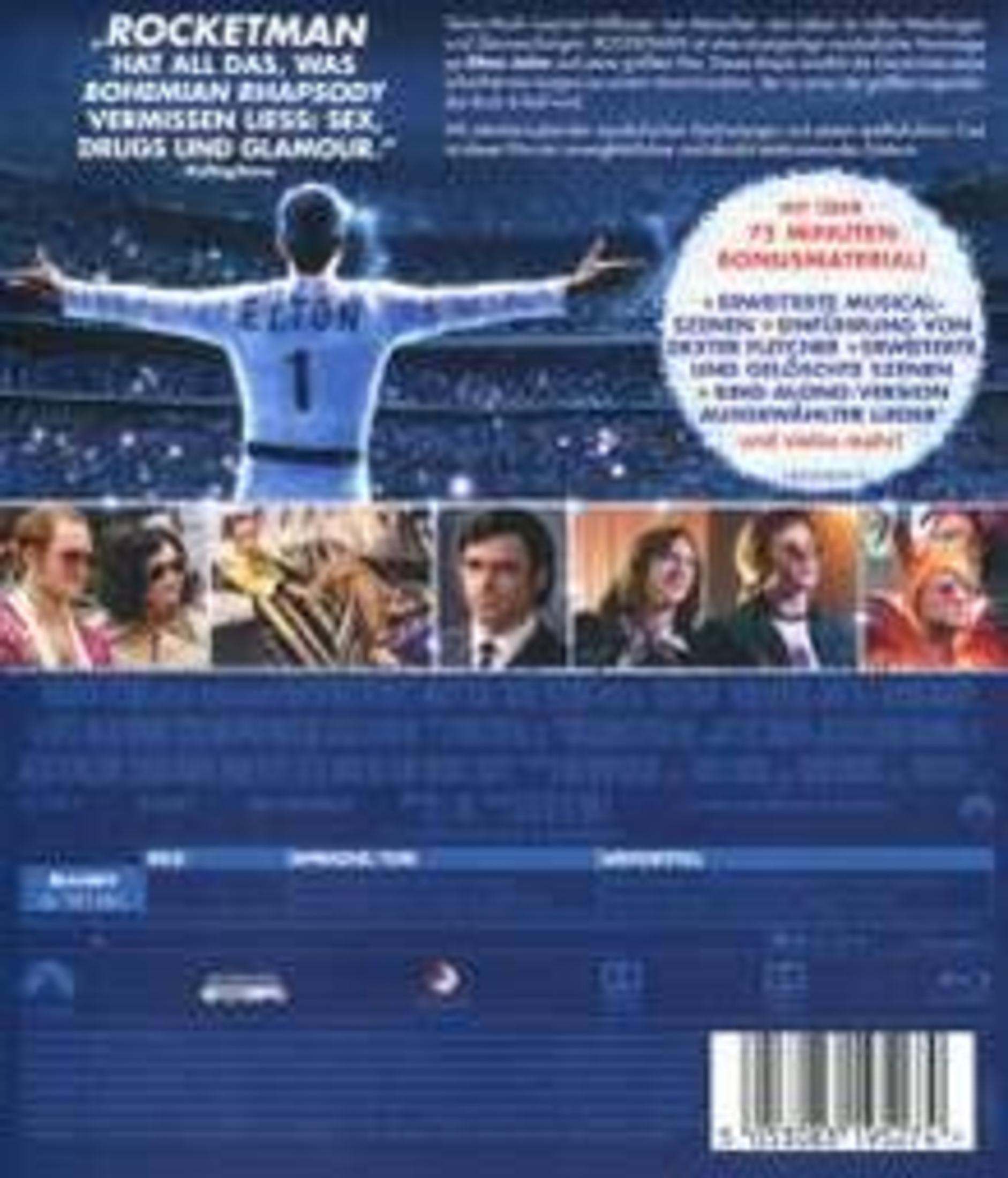 Rückseite der Rocketman Blu-ray-Hülle mit Fotos vom Film und Text.