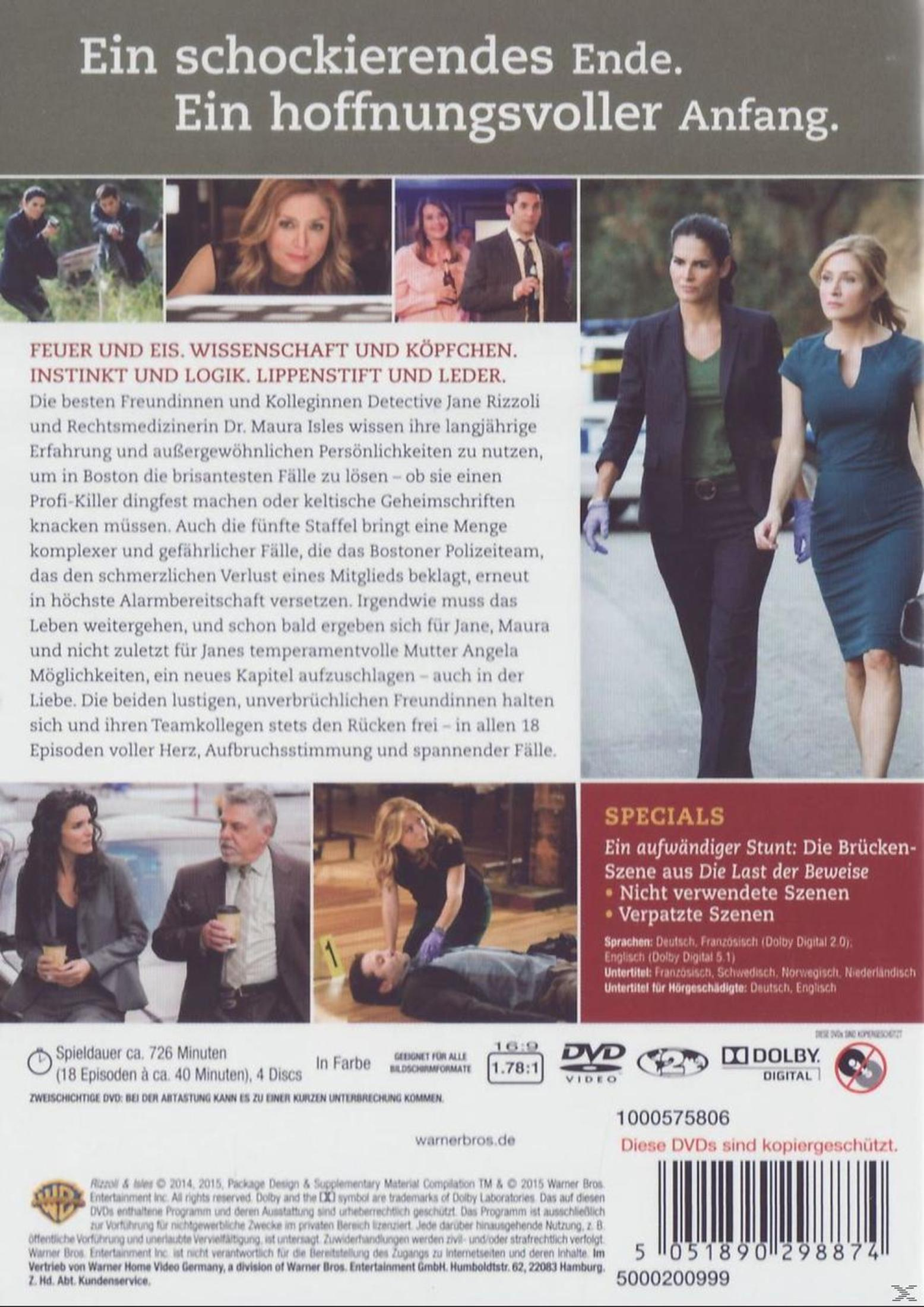 DVD-Rückseite der Serie Rizzoli & Isles mit Text, Bildern der Schauspieler und technischen Details.