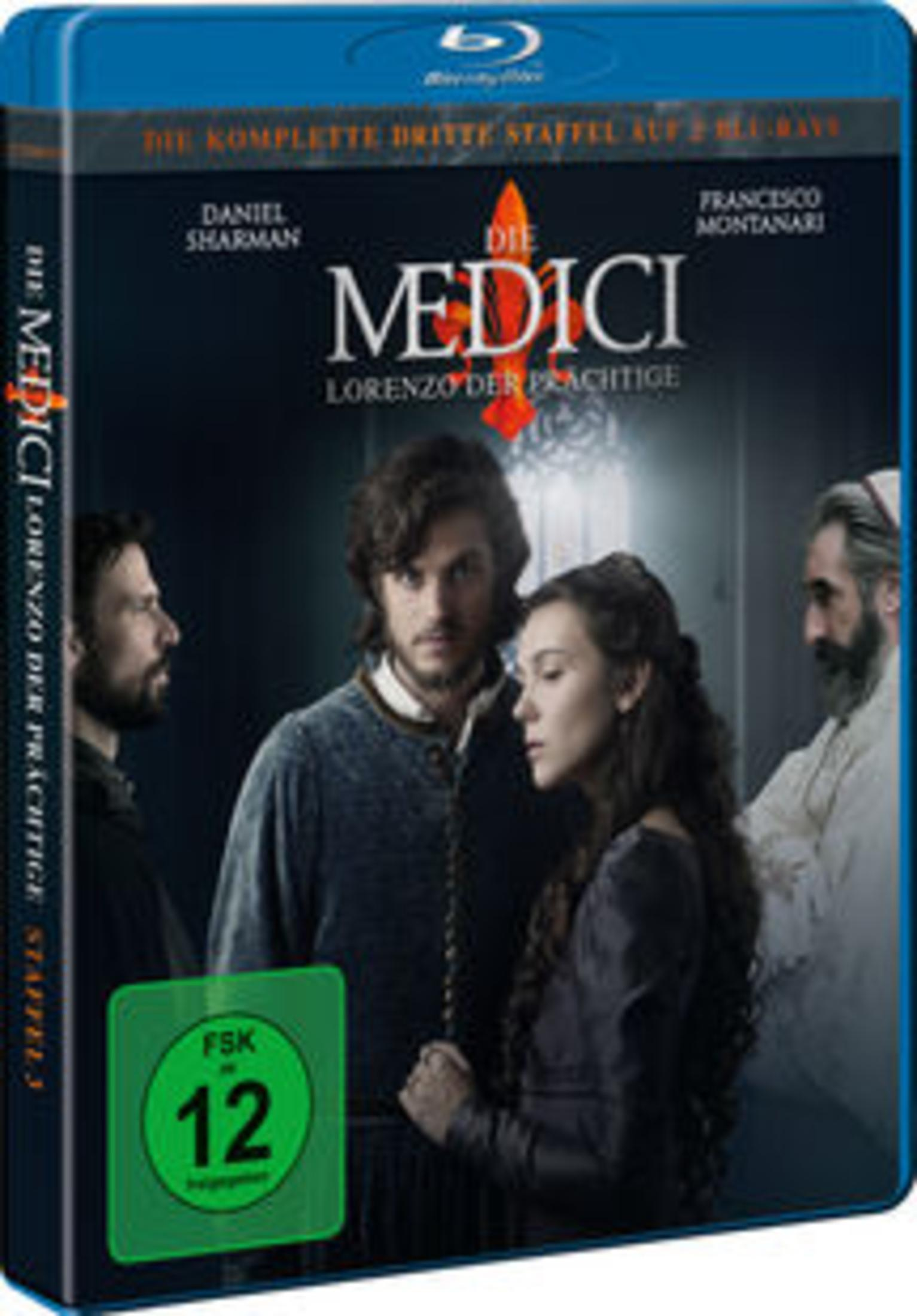 Blu-ray-Box für die Serie 'Die Medici'. Sie zeigt ein Cast-Bild mit Titel auf dunklem Hintergrund.