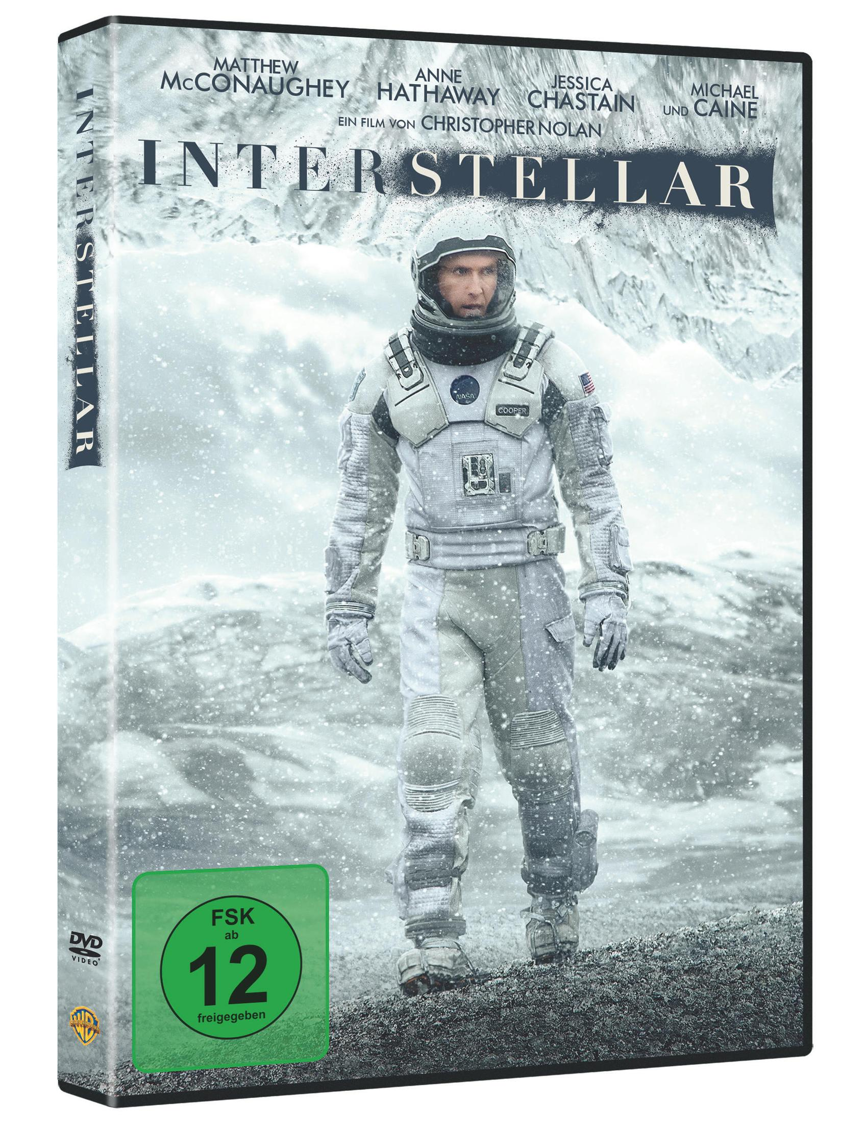 DVD-Cover von Interstellar mit einem Astronauten in weißem Anzug vor eisiger Landschaft.