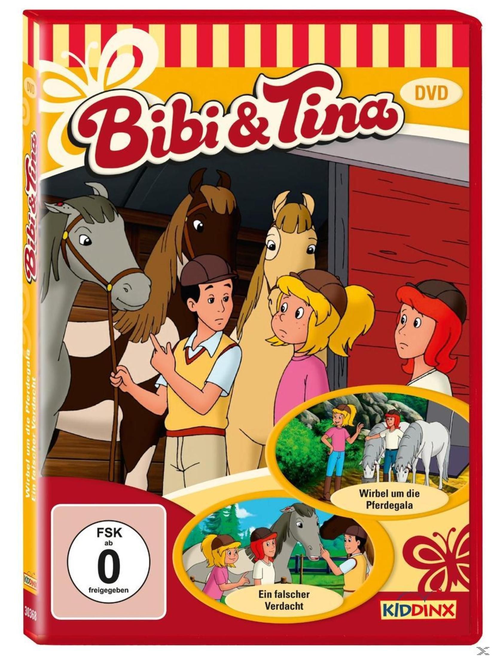 DVD-Cover: Cartoon von Kindern mit Pferden. Titel: Bibi & Tina. Rotes und gelbes Farbschema.