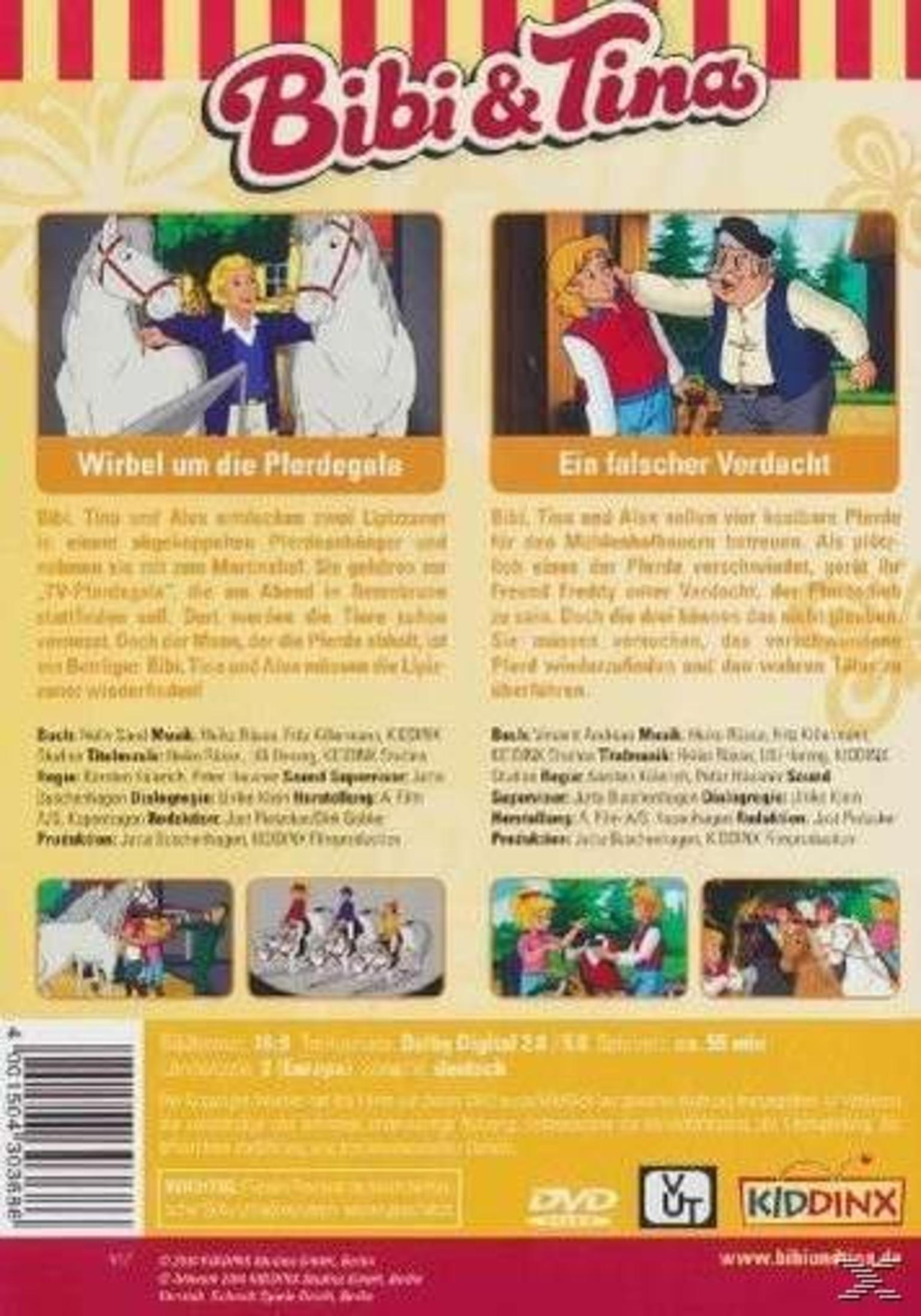 DVD-Cover: Bilder von Zeichentrickfiguren mit Pferden. Text und Logos. Gelbes und rotes Schema.