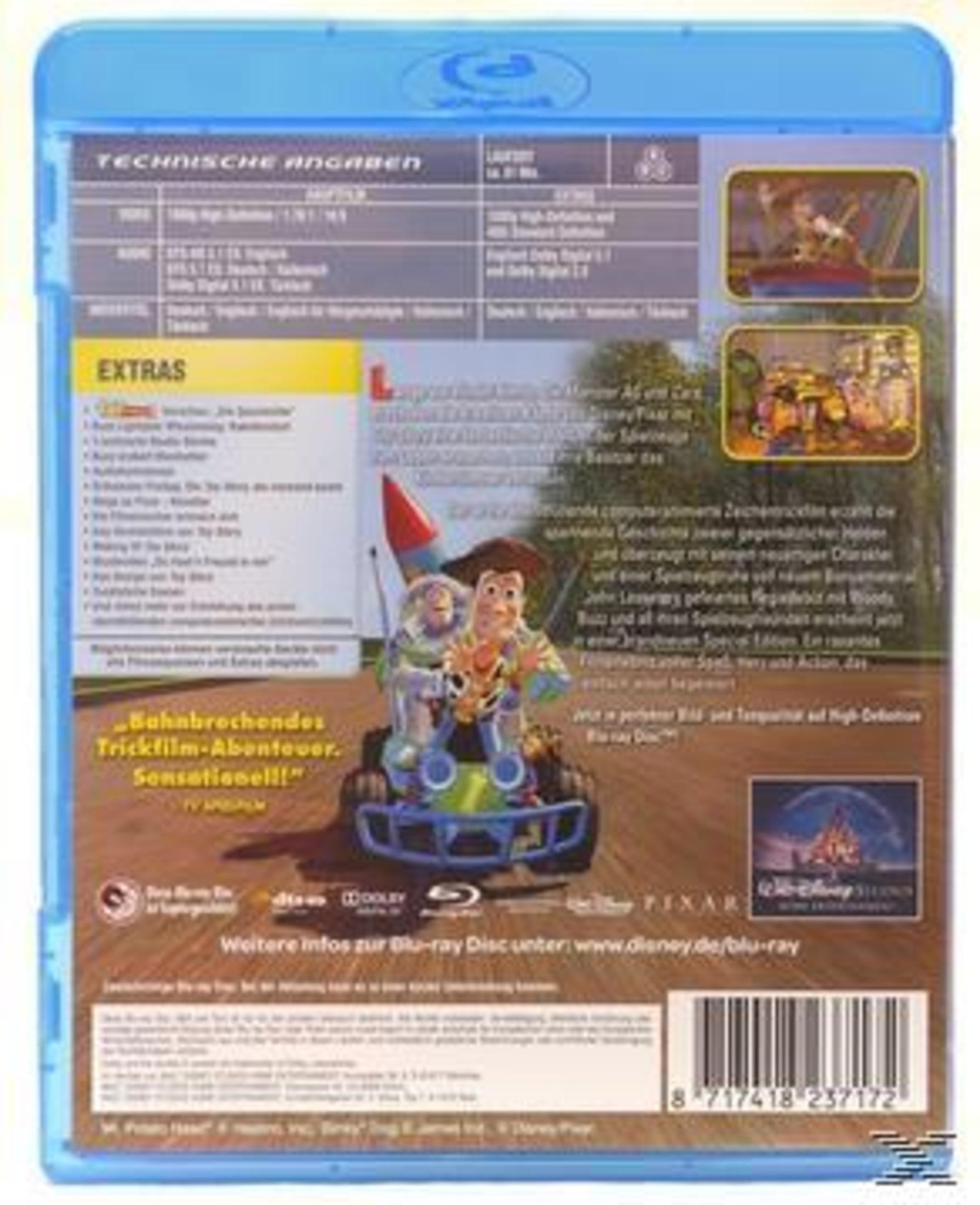 Toy Story Blu-ray-Rückseite. Woody und Buzz in einem Go-Kart sind auf dem Cover.