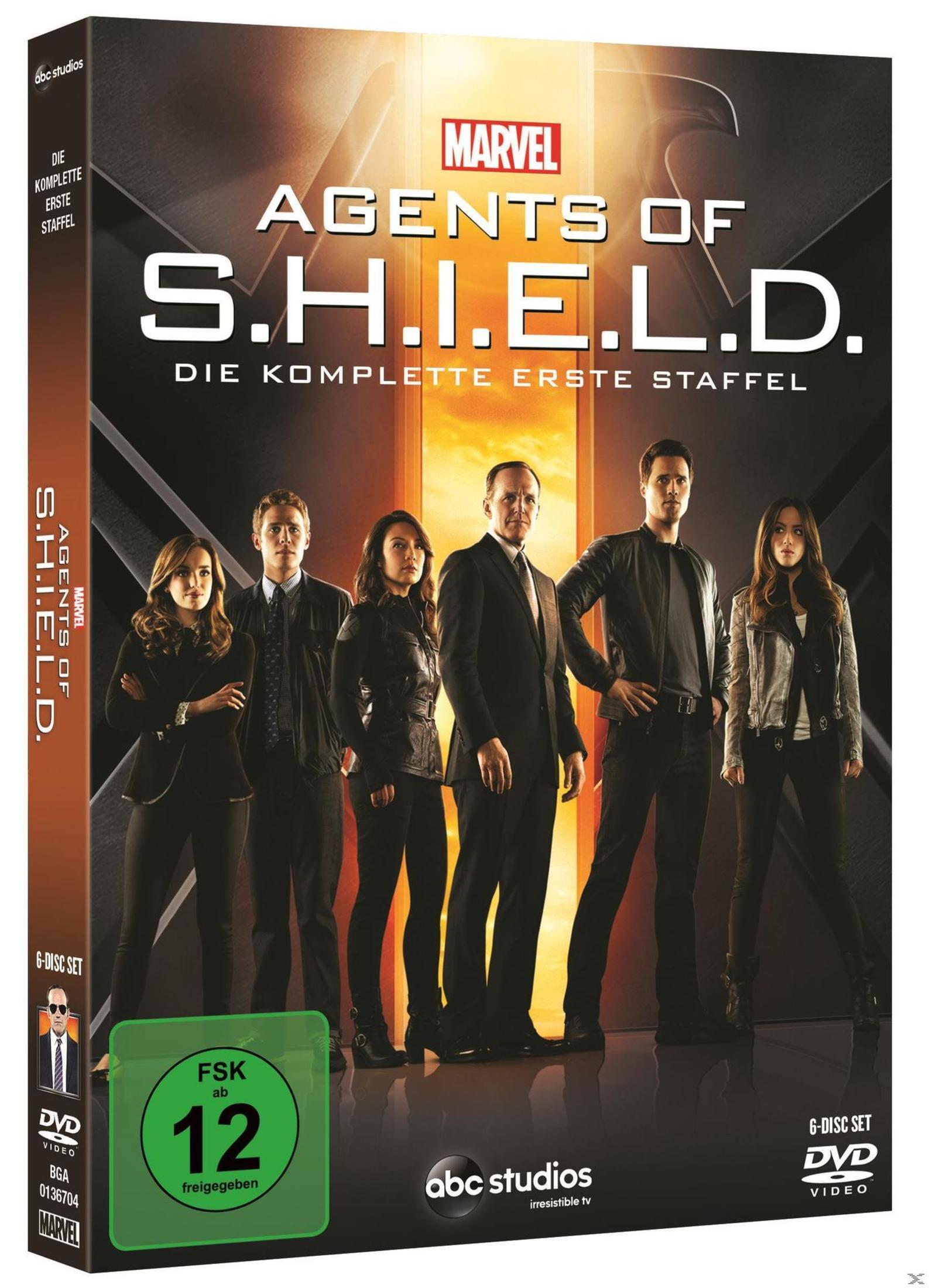 DVD-Cover von Marvel Agents of S.H.I.E.L.D., Staffel 1, mit sechs stehenden Hauptdarstellern und FSK 12 Logo.