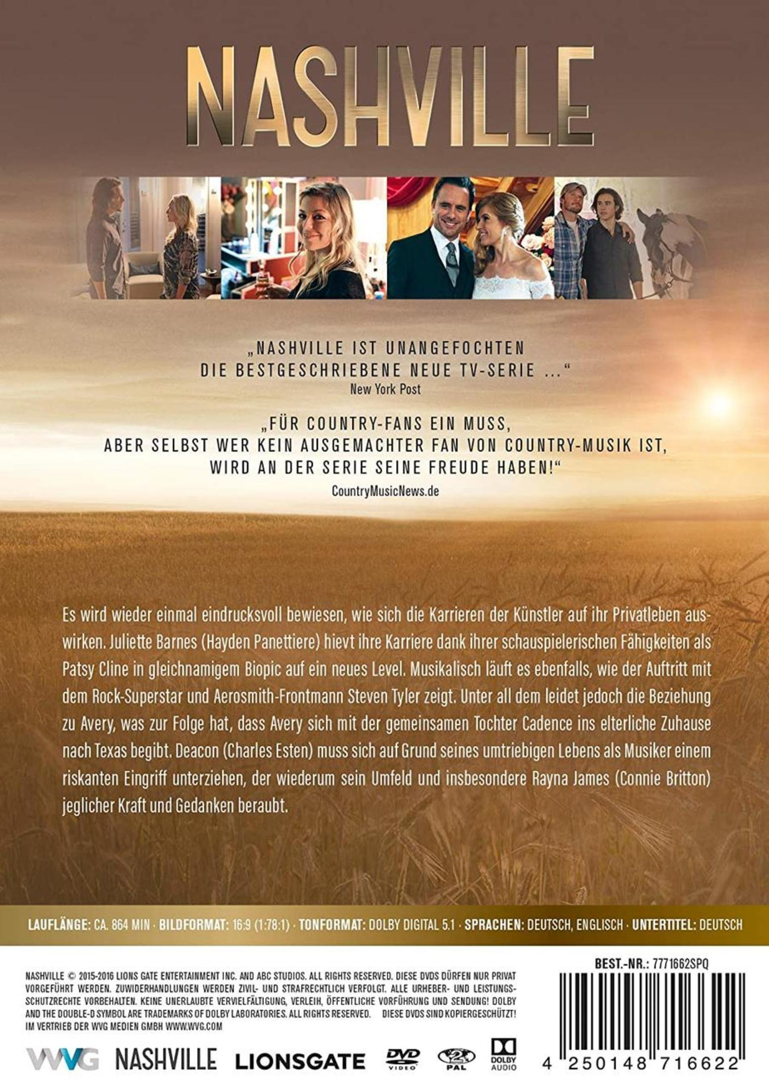 Rückseite einer DVD-Hülle. Text und ein Bild von Menschen auf einem Feld. Nashville, Fernsehserie.