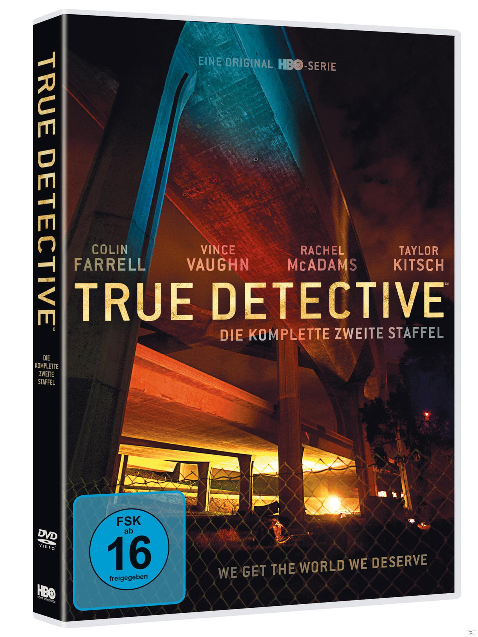 DVD-Cover von True Detective Staffel 2 mit Autobahnbrücke im Hintergrund und FSK-16-Logo.