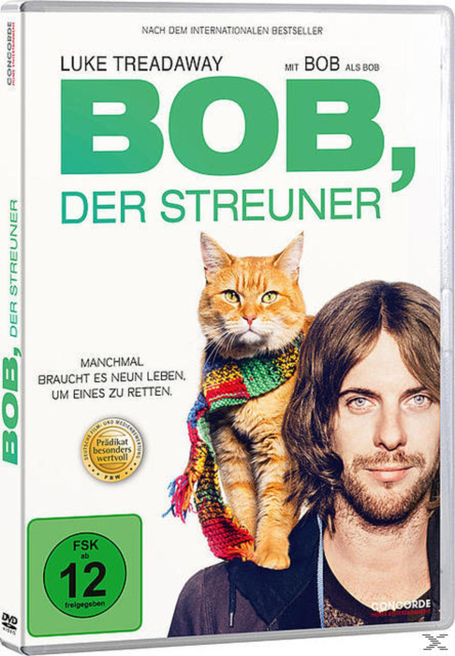 DVD-Cover von Bob, der Streuner mit einer roten Katze mit Schal auf der Schulter eines Mannes.