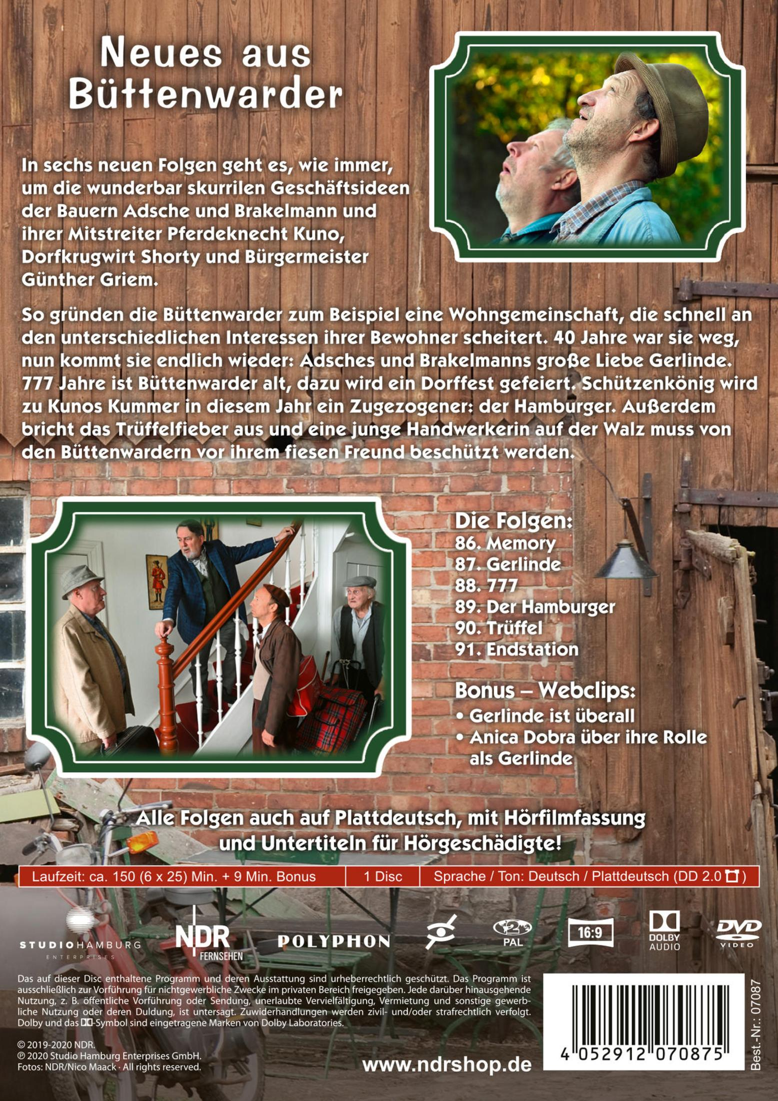 DVD-Hülle von Neues aus Büttenwarder mit Text und Szenenbildern vor Holz- und Ziegelwand.