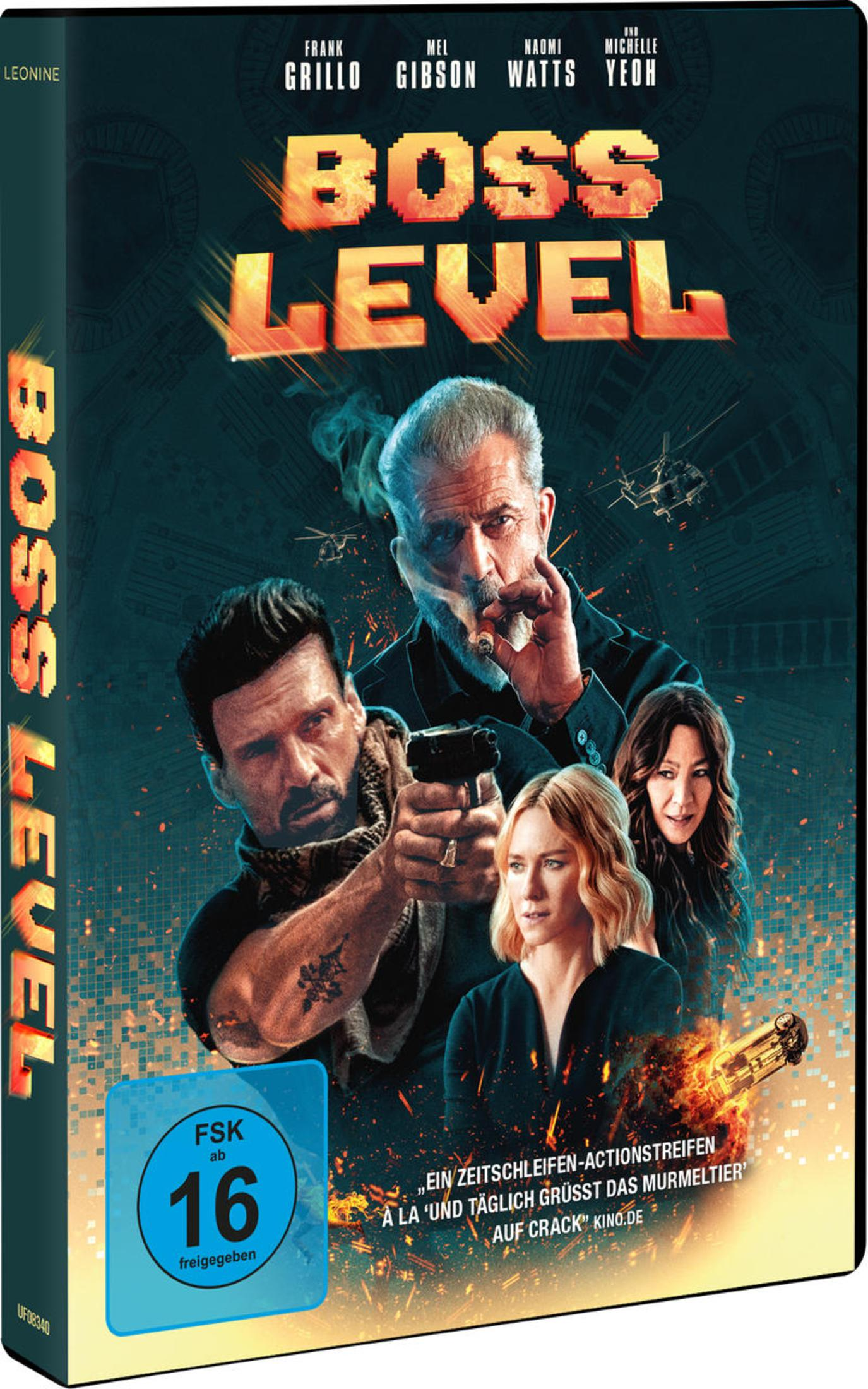 DVD-Cover des Actionfilms Boss Level mit vier Schauspielern, Flammen und einer blauen FSK-16-Altersfreigabe.