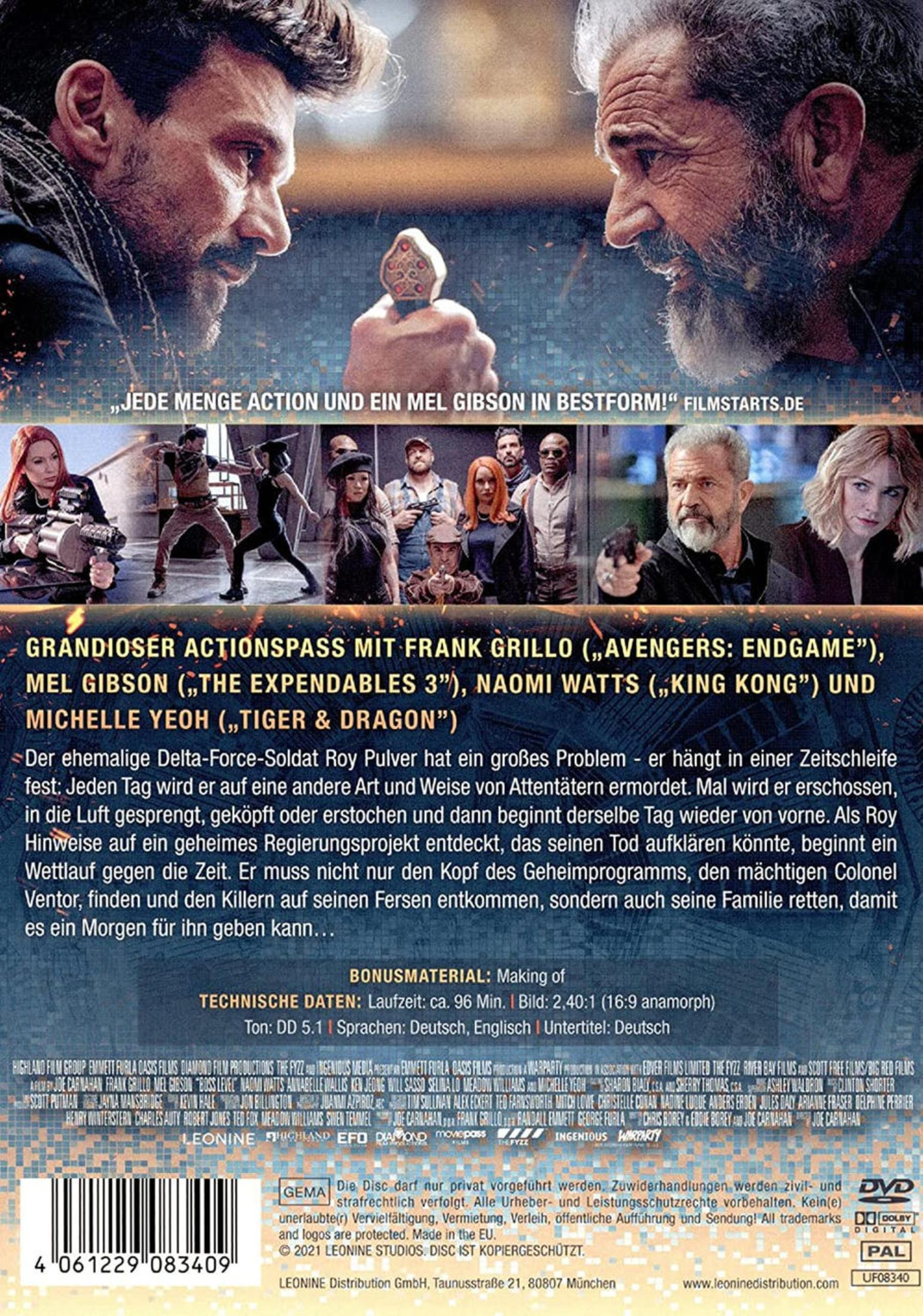 DVD-Rückseite des Actionfilms Boss Level mit Frank Grillo und Mel Gibson.