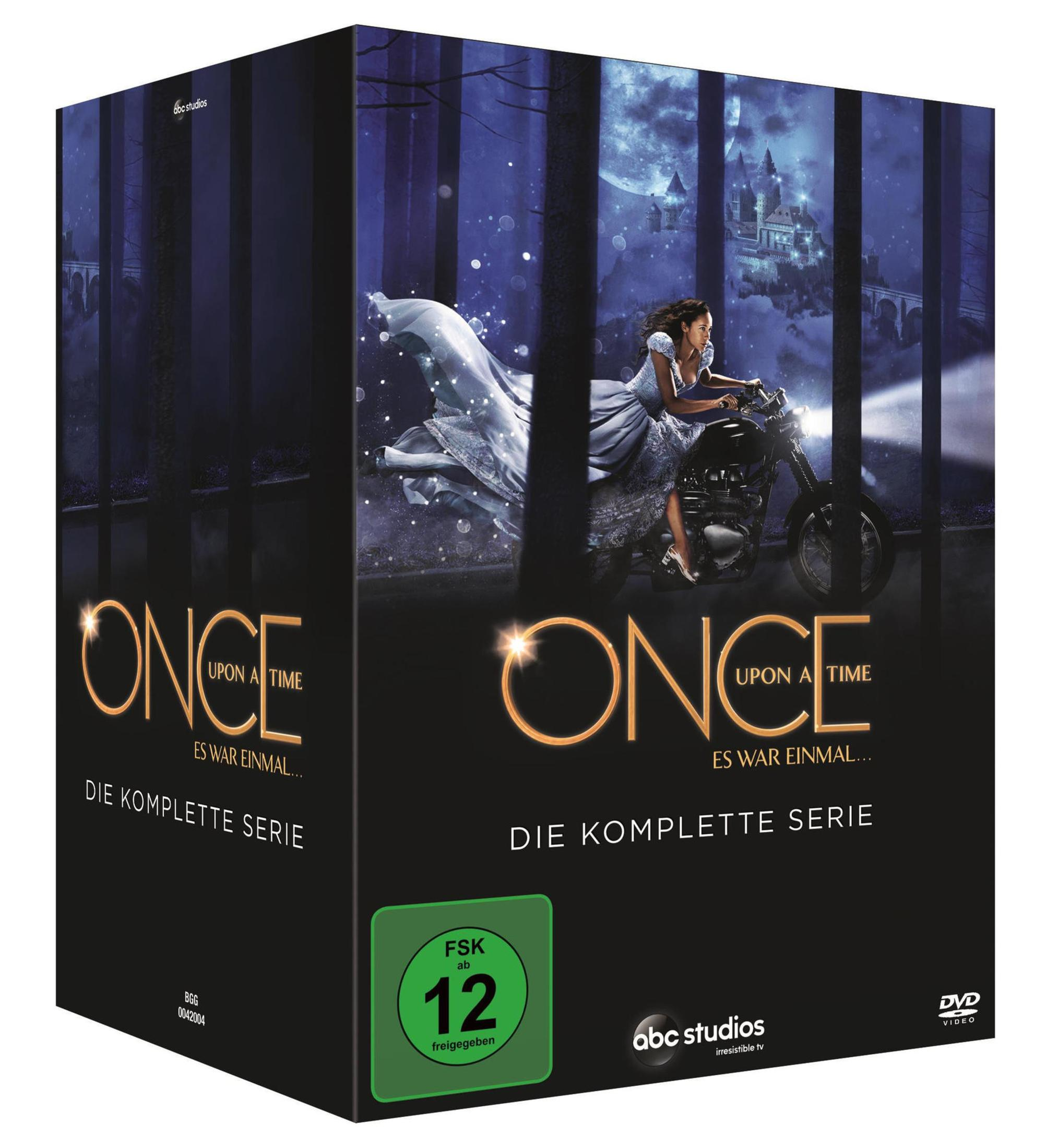DVD-Box von Once Upon a Time mit einer Frau im blauen Kleid auf einem Motorrad im Wald.