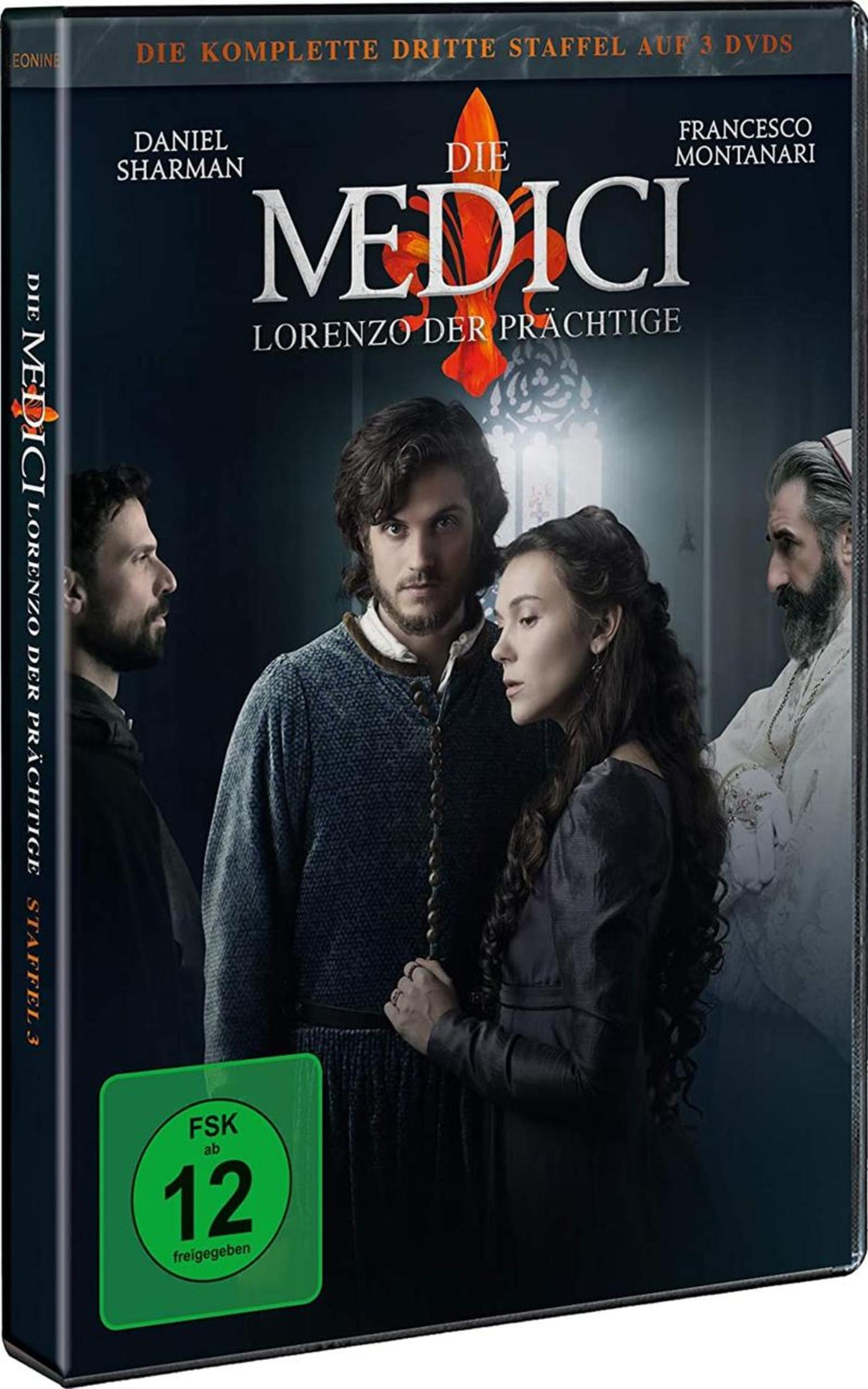 DVD-Cover von 'Die Medici: Lorenzo der Prächtige' mit vier historischen Figuren vor dunklem Hintergrund.