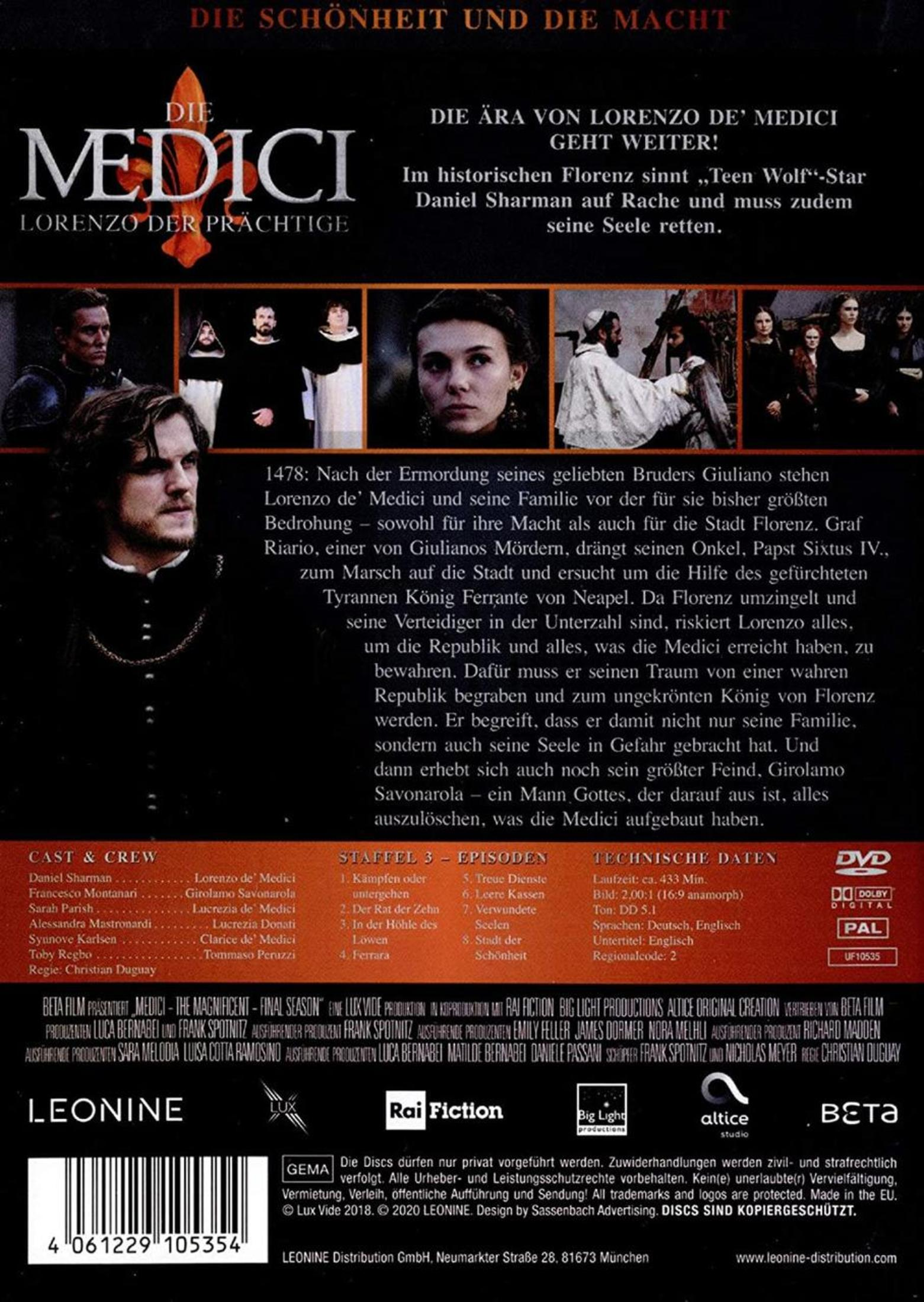 DVD-Rückseite der Serie Die Medici mit Charakterportraits, Beschreibung und Cast-Informationen.