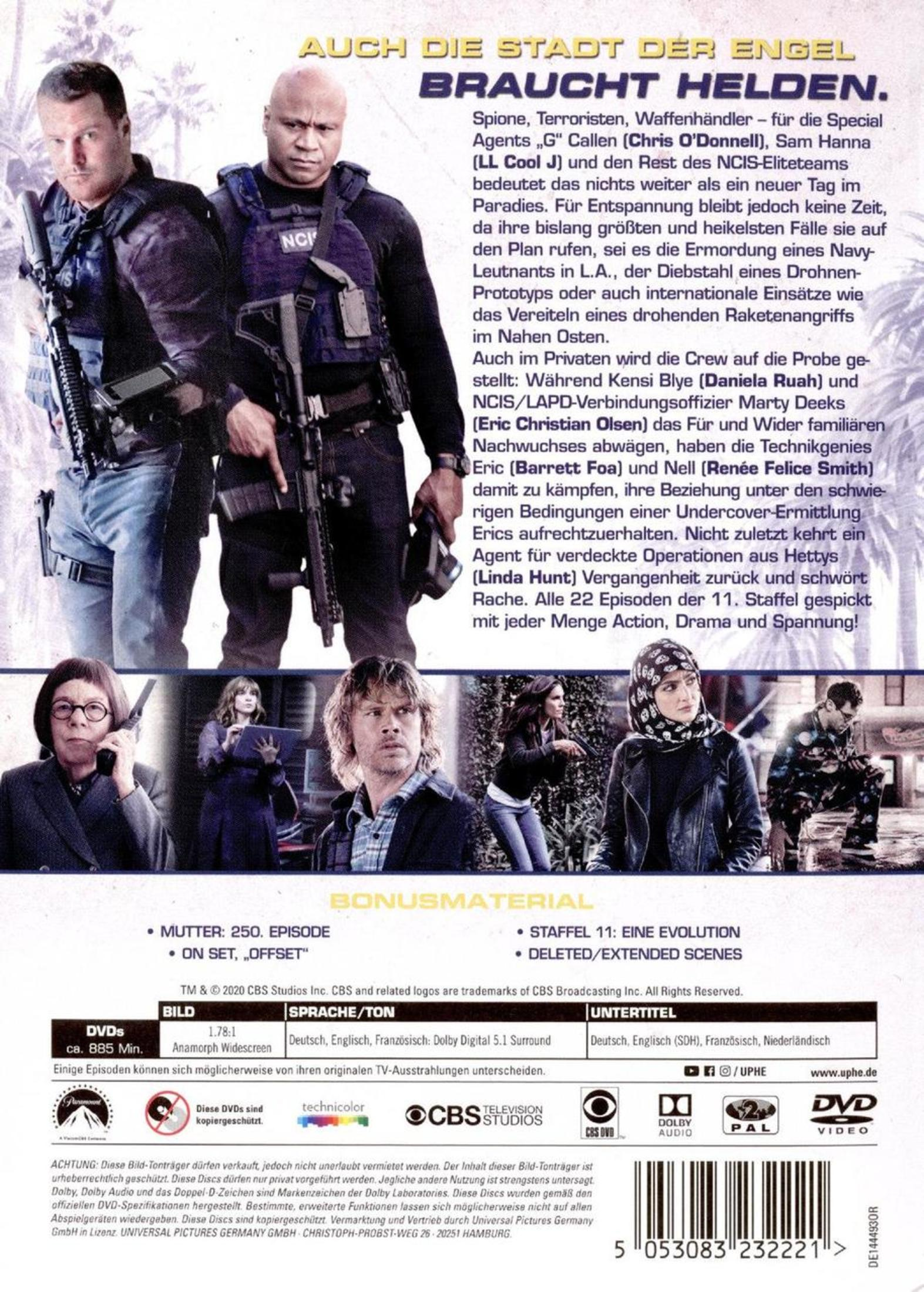 DVD-Cover der 11. Staffel von NCIS: Los Angeles mit Charakteren, Text und Bonusmaterial-Details.